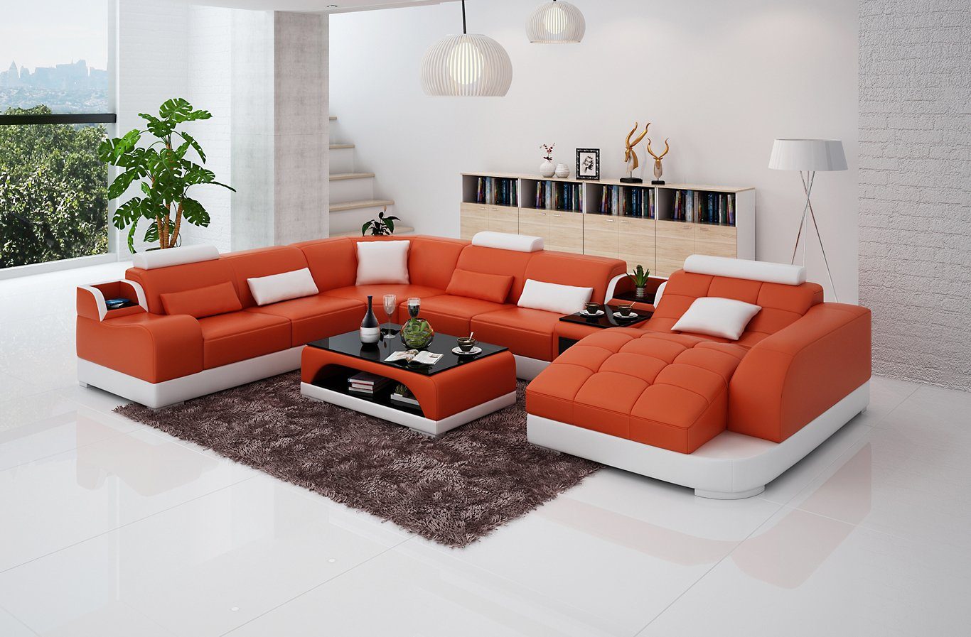 Form Ecksofa, Ledersofa Polster Couch Made Europe Wohnlandschaft U JVmoebel Rot/Weiß in Ecksofa Designer Sofa