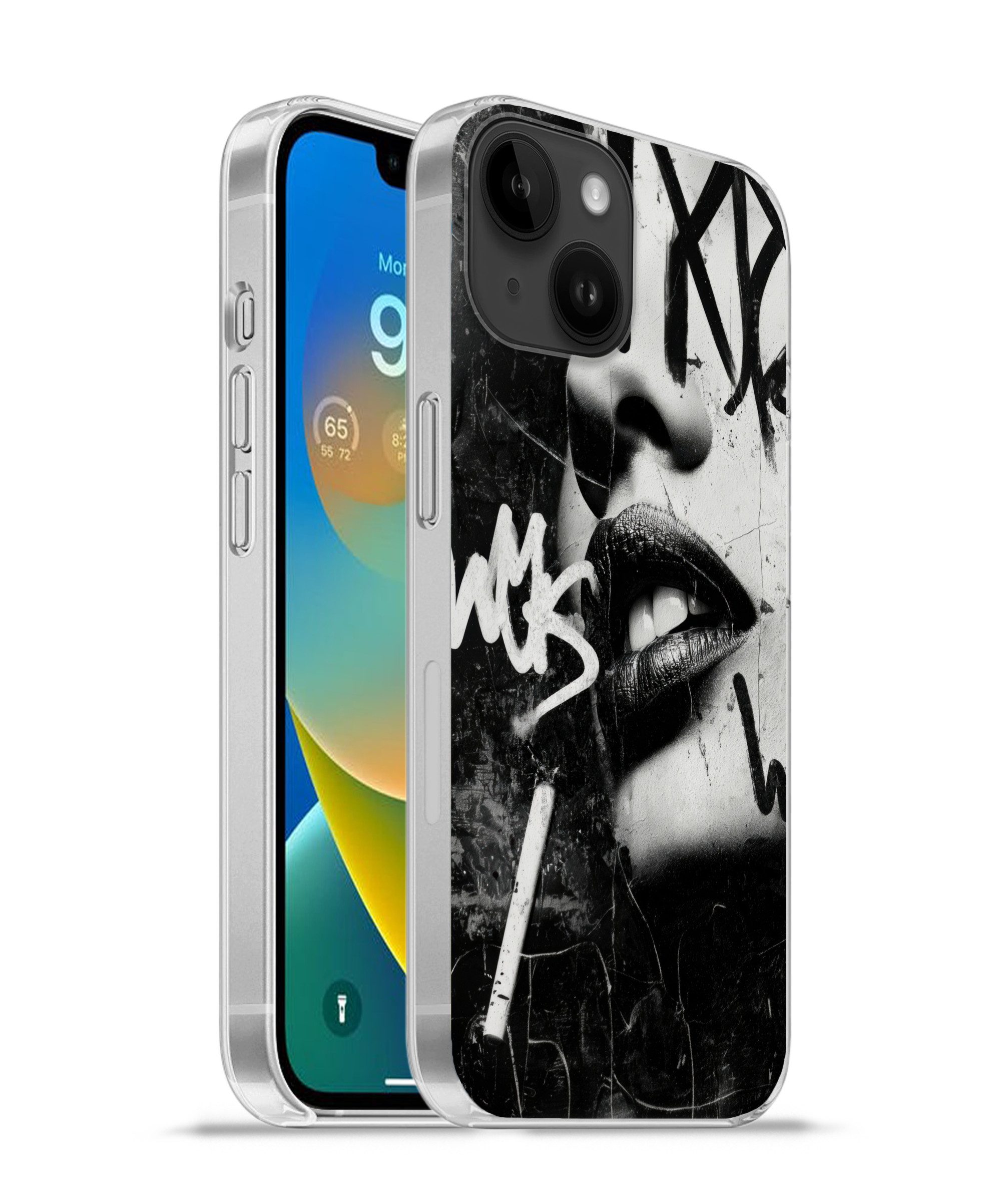 MuchoWow Handyhülle für Apple iPhone 14 Gesicht - Mund - Graffiti - Schwarz, Smartphone-Bumper, Print, Handy Schutzhülle Dünn