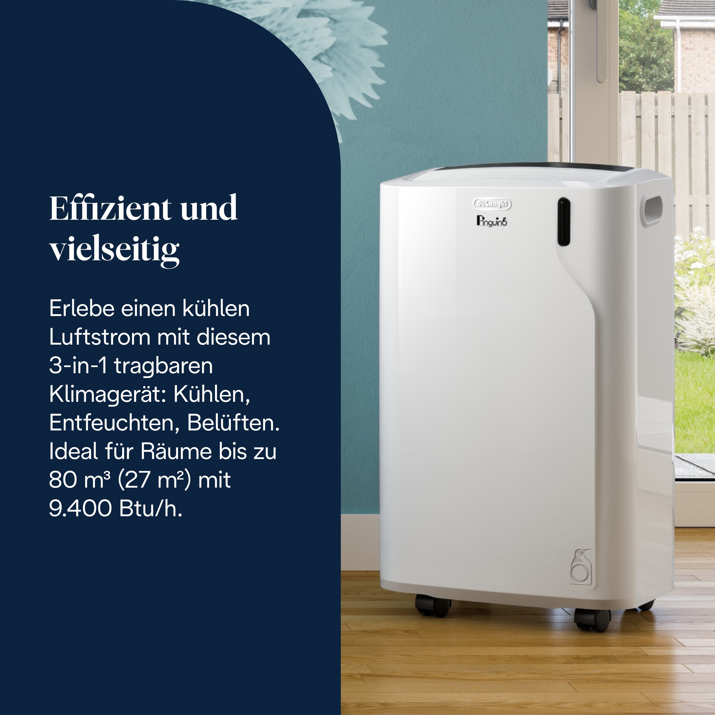De'Longhi 3-in-1-Klimagerät Pinguino EM82K ideal für kleine Wohnungen/Räume, 27 m² Räume, A, 9.400 BTU/h, 2,4 Kw, 63 dB, Luftentfeuchtermodus