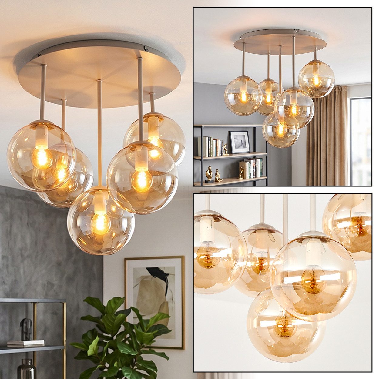 hofstein Deckenleuchte Deckenlampe aus Metall/Glas in Sandfarben/Weiß/Bernsteinfarben, moderne Deckenleuchte im Retro/Vintage-Design, 5 x E14