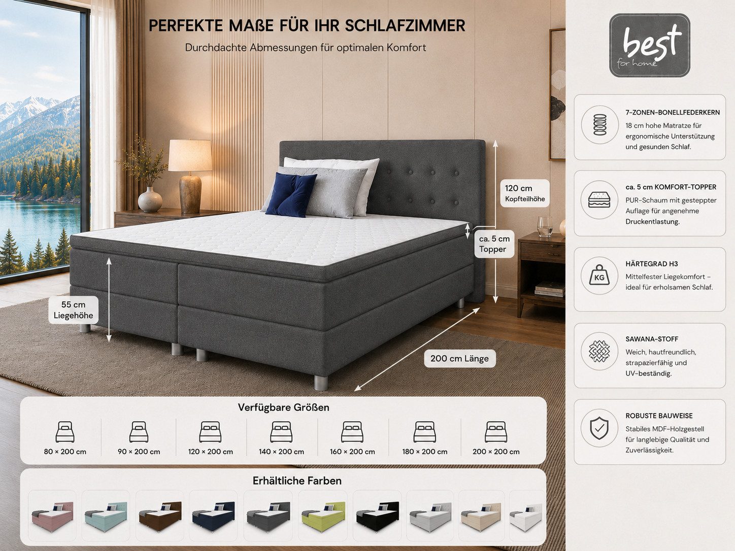 Best for Home Boxspringbett mit gepolstertem Kopfteil, komfortabler Bonnell-Matratze & 5 cm Topper (Boxspringbett-Set mit Matratze und Topper, 1-St., 90x200 120 – Bild 3 von 5