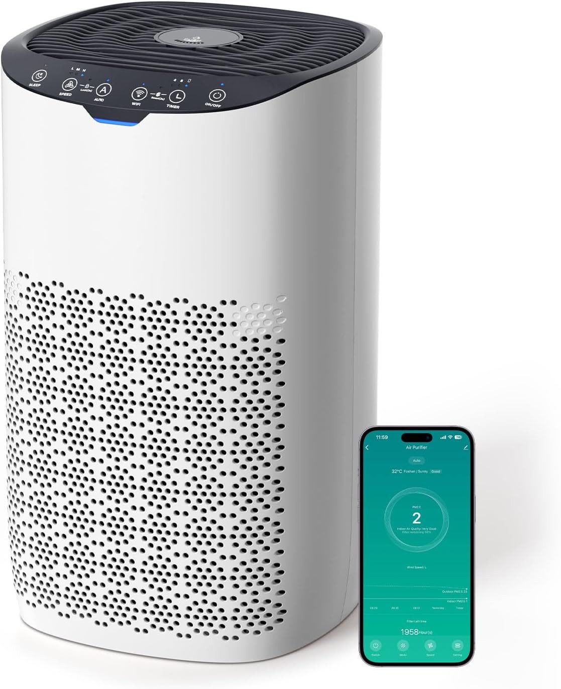 Aroeve Luftreiniger CADR 300 m³/h Allergiker gegen Pollen, Staub, Tierhaare, Rauch, für 120 m² Räume, Automatikmodus mit Sensor, Leise 25dB, Ideal für Allergie-Haushalte