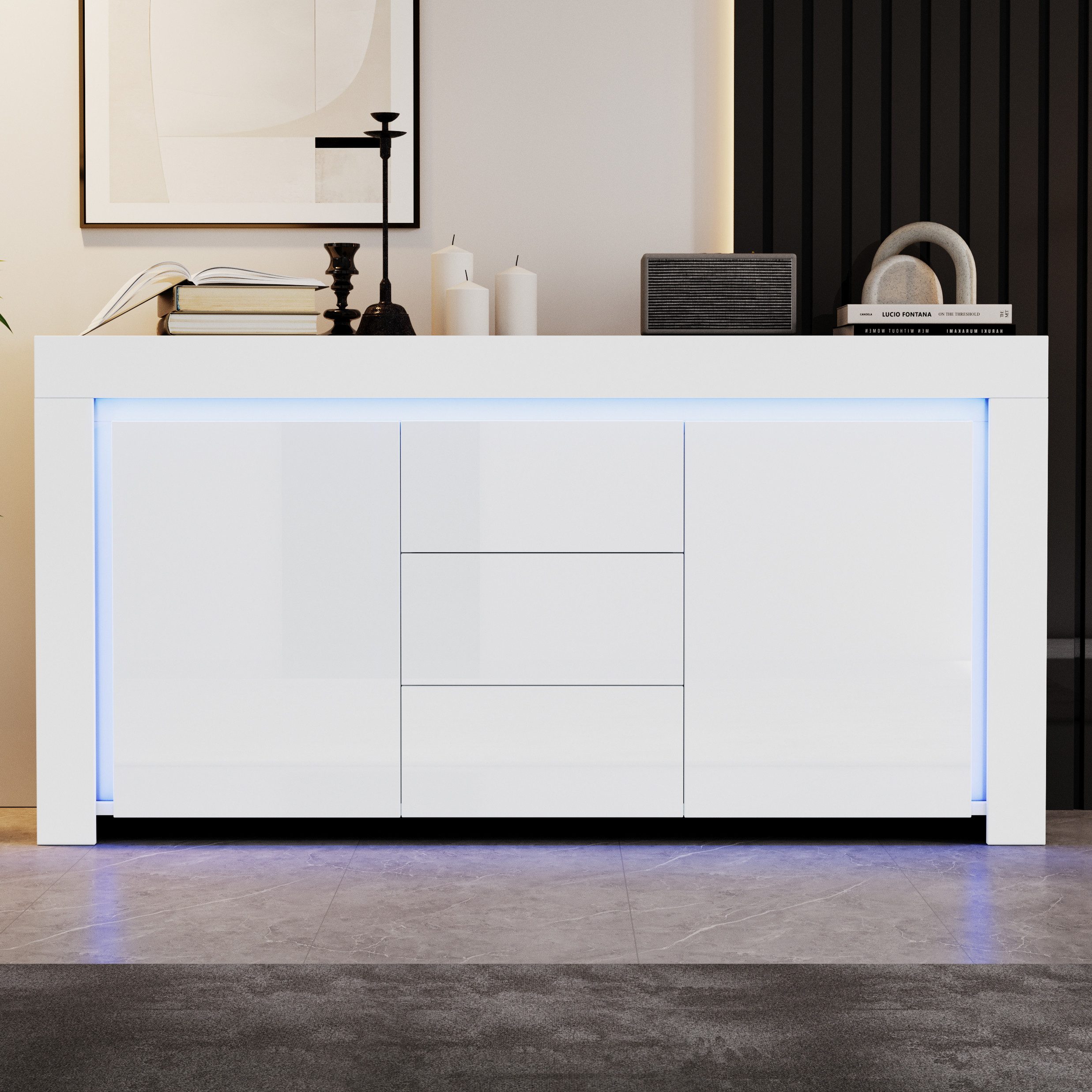 Merax Sideboard Hochglanz Anrichte mit LED-Beleuchtung (für Flur, Wohnzimmer, Büro, 1 St., 140×40×65cm), Kommode mit 2 Türen, 3 Schubladen & verstellbaren Einlegeböden