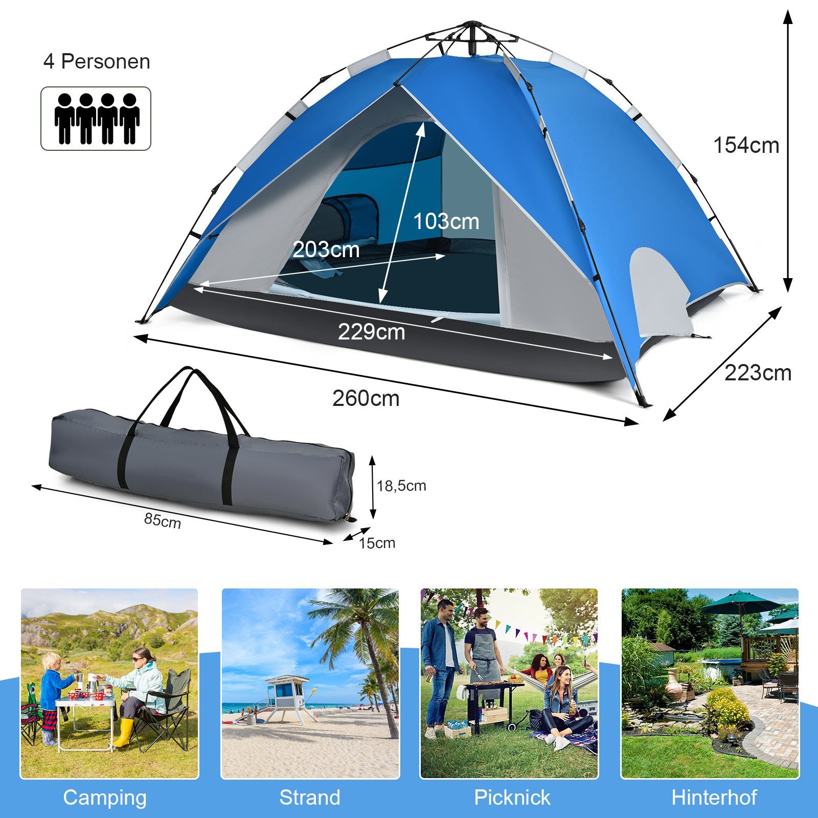 Doppelschicht, 4, mit Personen: Kuppelzelt COSTWAY Campingzelt, Regenschutz up Pop