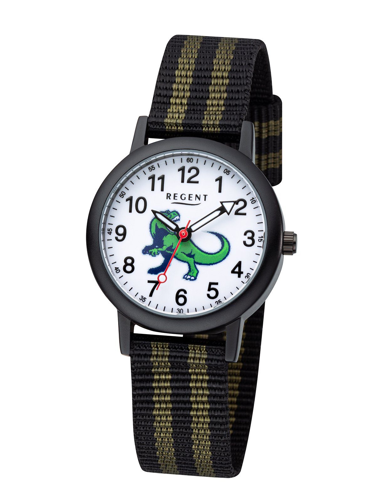 Regent Quarzuhr Kinderuhr Dino Motiv schwarz grün ⌀30mm, Leuchtzeiger