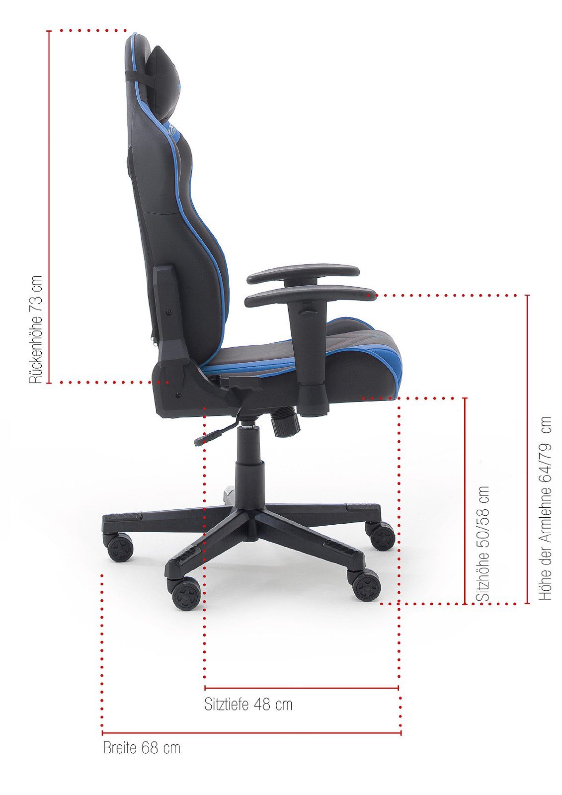 Gaming blau), Chair 135°, bis Armlehnen in höhenverstellbar, Raburg schwarz (Chefsessel SCHWARZ-BLAU DXRacer Kunstleder Bezug Wippfunktion und DXRacer