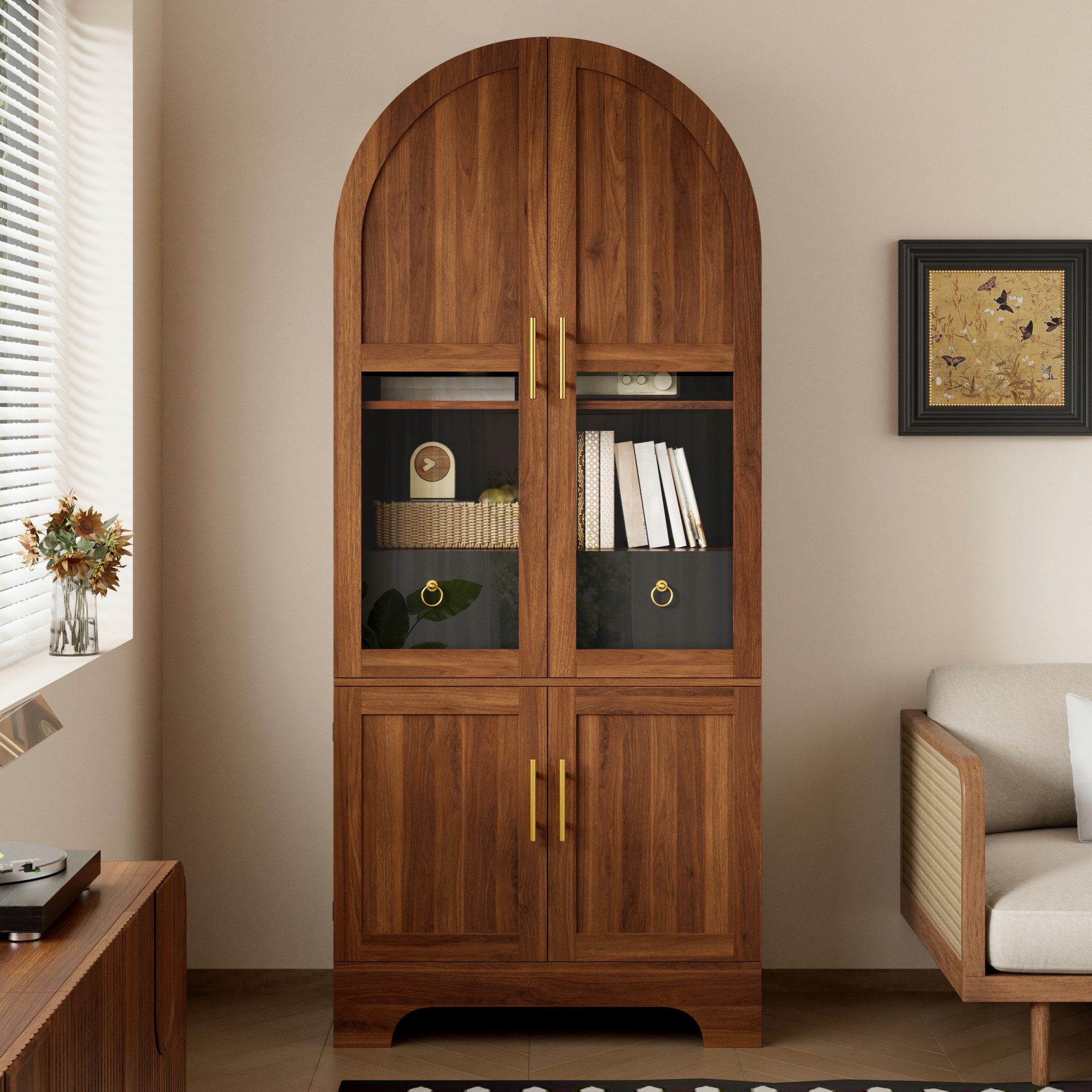Celya Hochschrank Vitrinenschrank mit LED-Beleuchtung, 4 Türen, Schublade (76 × 40 × 180 cm, mit großer gewölbter Bogenform, Glasfront)