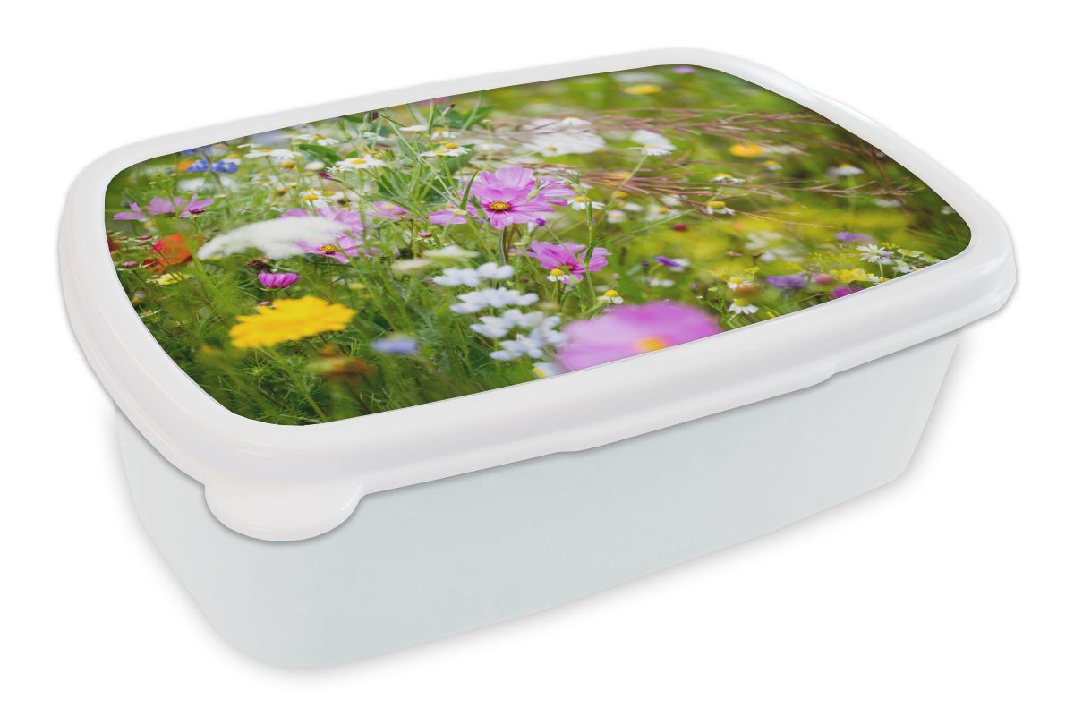 MuchoWow Lunchbox Blumen - Natur - Grün - Gras - Lila - Weiß, Kunststoff, (2-tlg), Brotbox für Kinder und Erwachsene, Brotdose, für Jungs und Mädchen