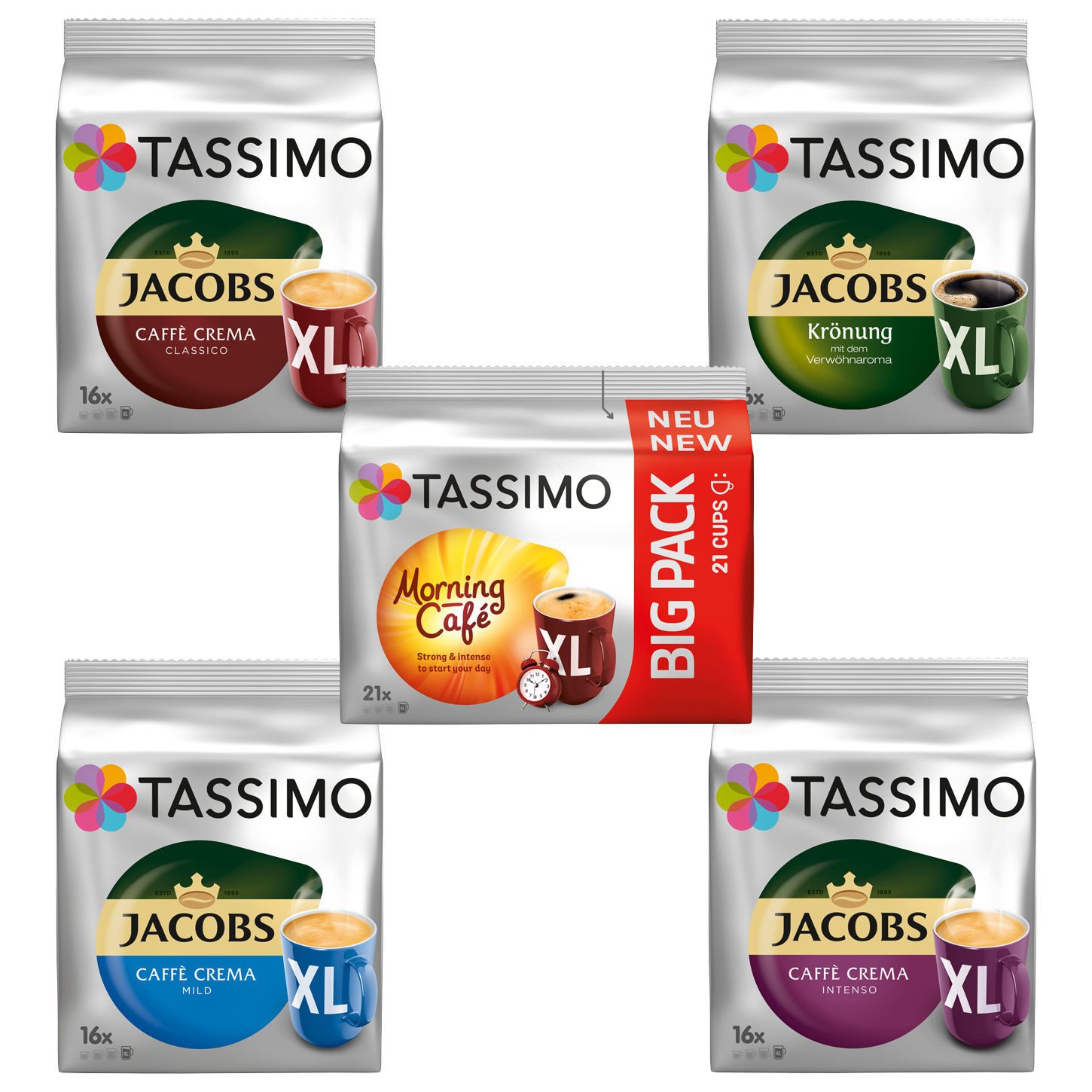 TASSIMO Kaffee T DISC Vielfaltspaket XL 5 Sorten Morning Café Mild Crema Intenso, 713 g, (Packung, 5er Pack)