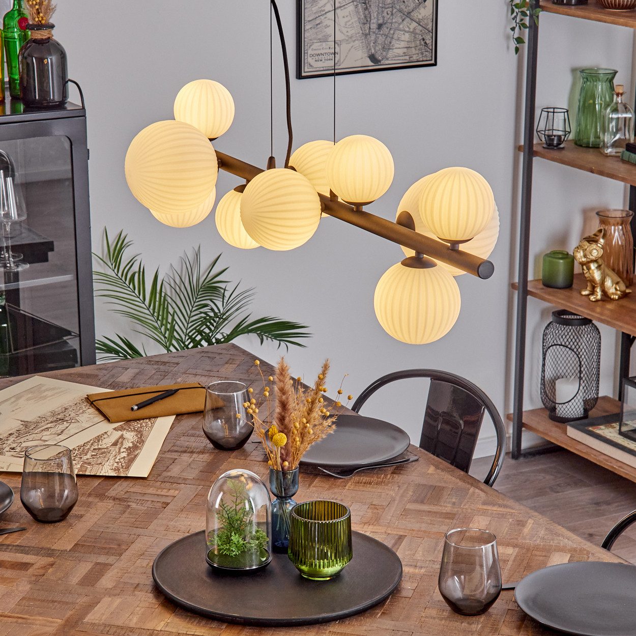 hofstein Pendelleuchte Hängelampe aus Metall/Riffelglas in Schwarz/Weiß, ohne Leuchtmittel, Hängeleuchte im Retro/Vintage-Design mit Glasschirmen, 10 x G9