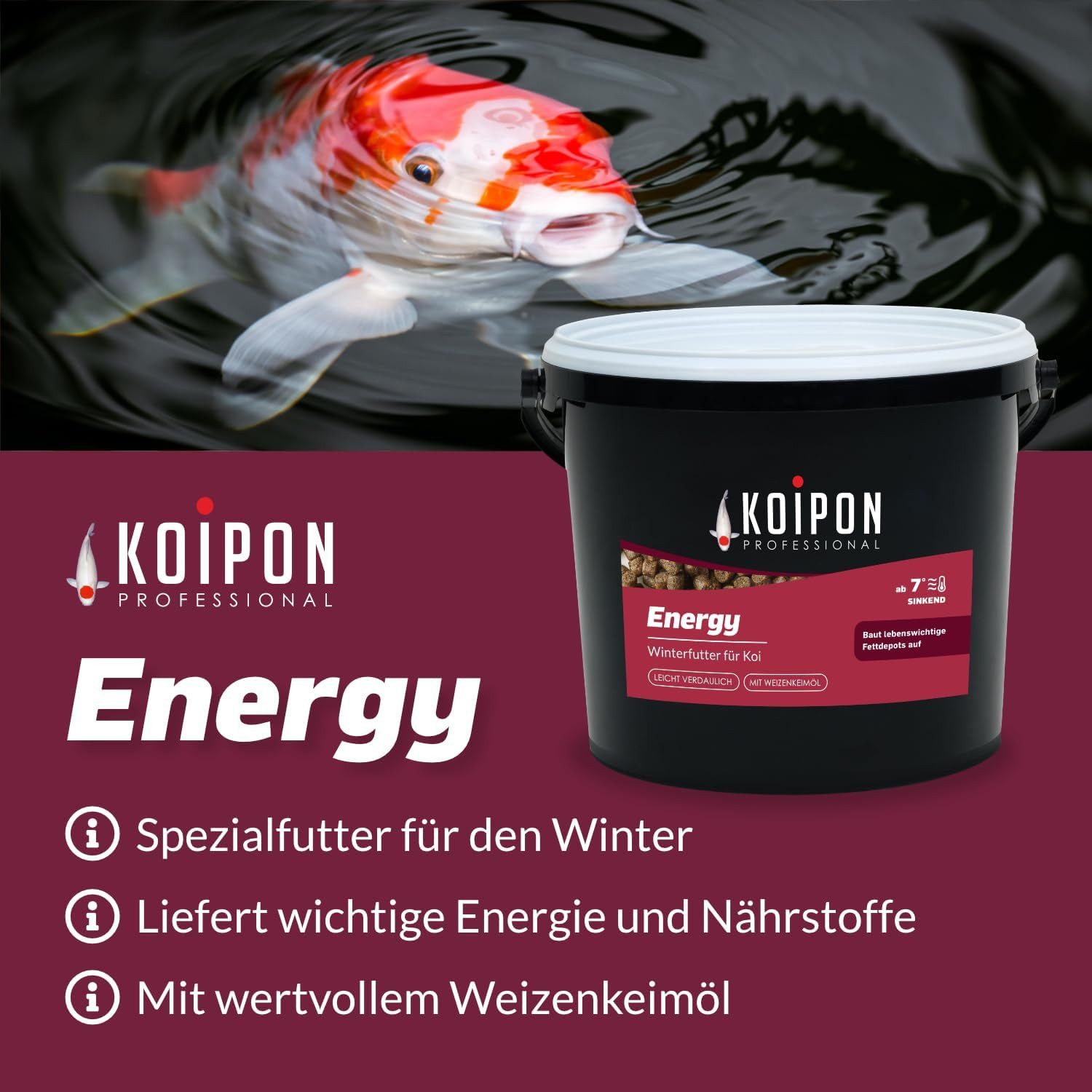 KOIPON KOIPON Energy 6mm Winterfutter sinkend für Koi & Goldfische, Trockenfutter für: Koi, Goldfische, Teichfische, Zierfische, Winterfutter sinkend, Hochdosierte Vitamine, Made in Germany