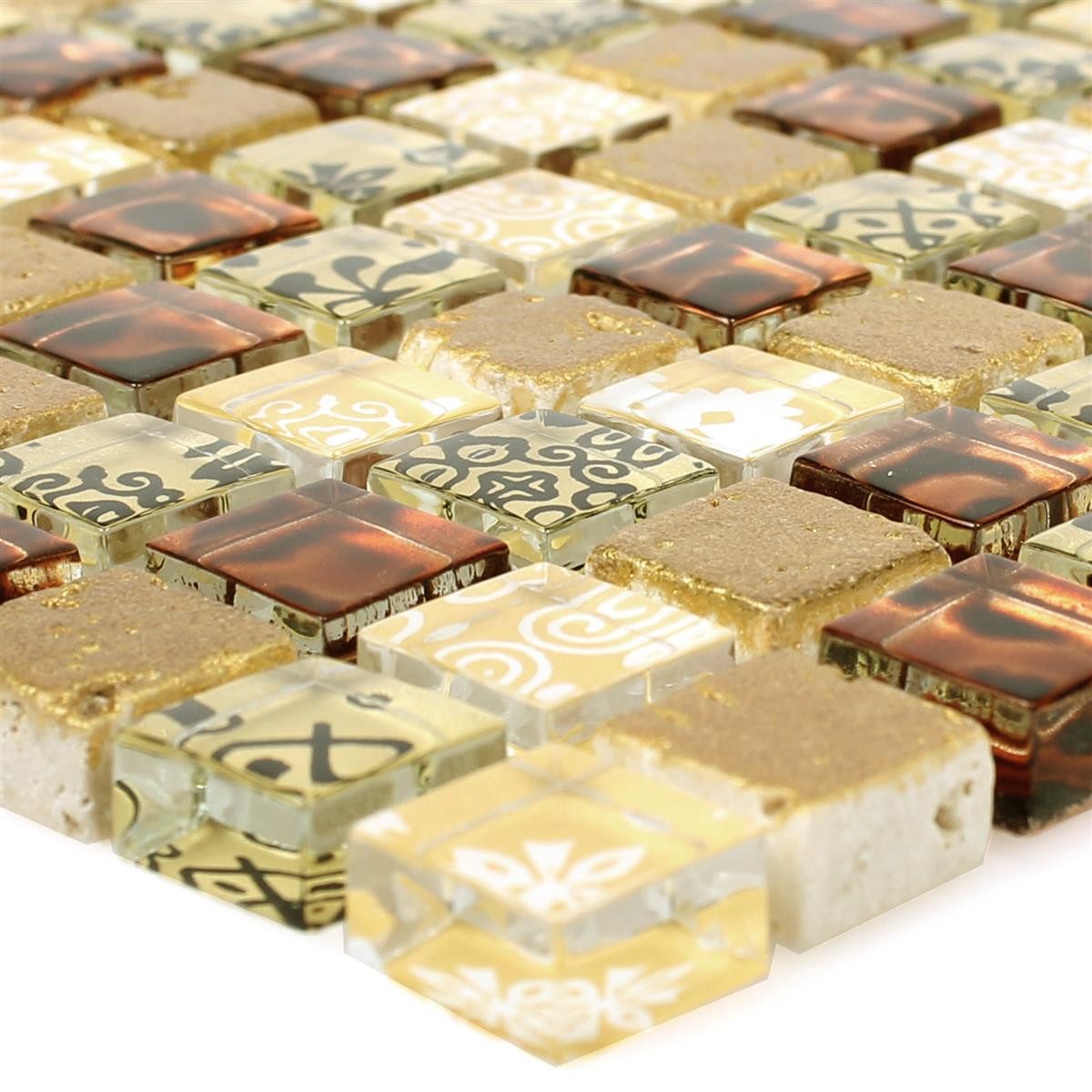 Mosafil Mosaikfliesen Glas Resin Mosaikfliesen Diemel Beige Rot, Naturstein-Glas 30.000x30.000, rot-beige-braun, Verlegefertig auf ein Netz geklebt