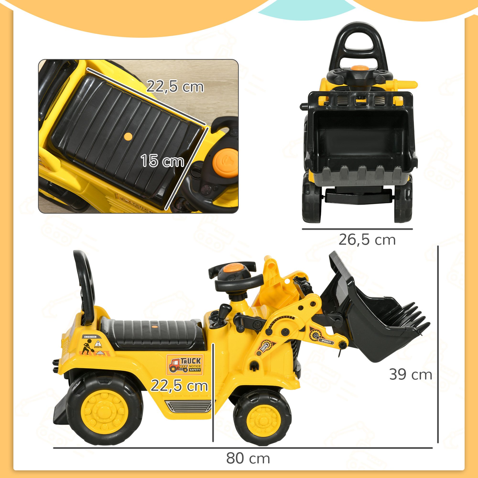 HOMCOM Rutscher Sitzbagger mit eingebautem Ablagefach, (Kinderbagger, 1-tlg., Kinder Rutschauto Traktor), Gelb+Schwarz 80 x 26,5 x 39 cm