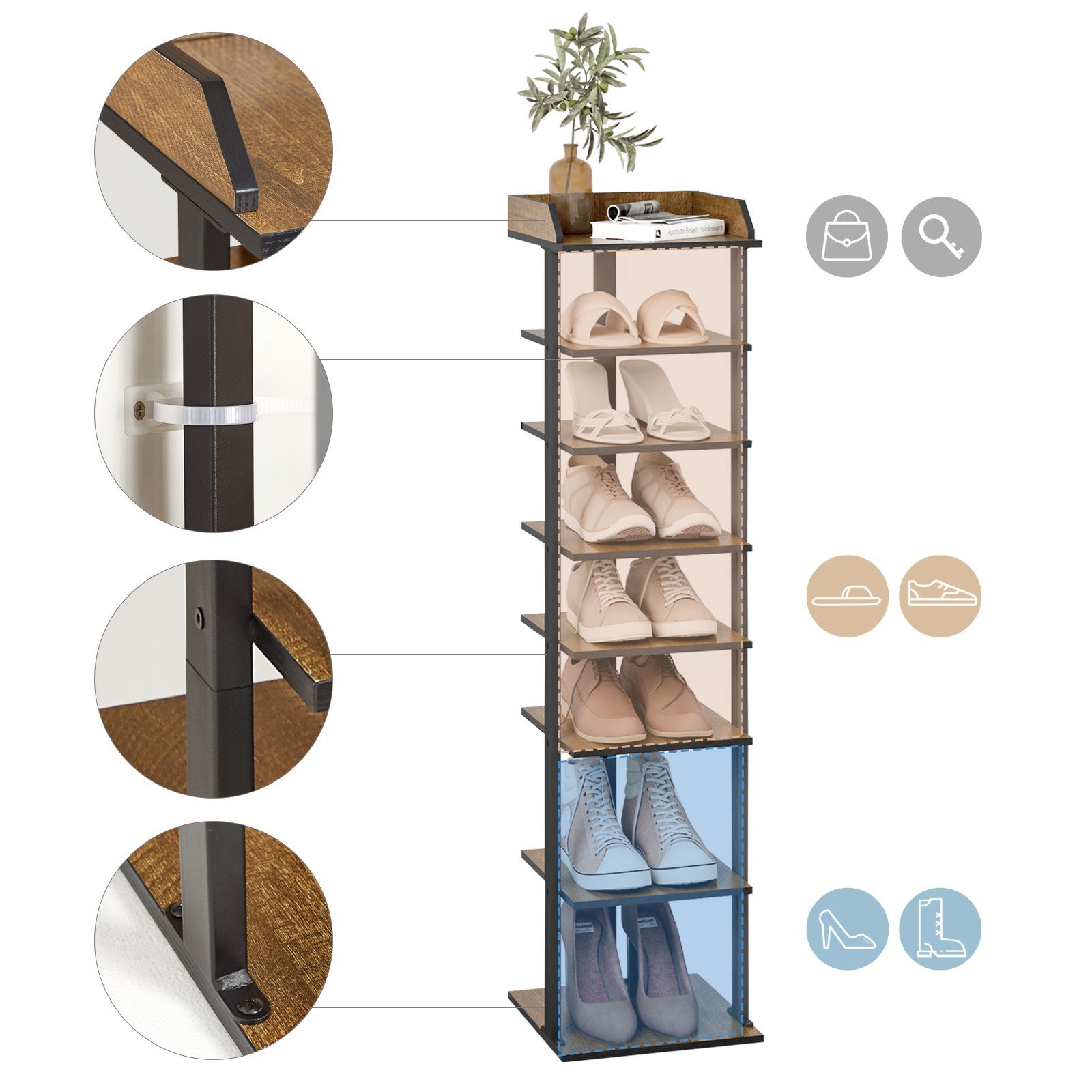 Mondeer Schuhschrank, Holz, Metallgestell, Schuhregal, 113 Schuhregal cm, Braun Rustikal 28 x Vertikales x 28 7-stöckiges,