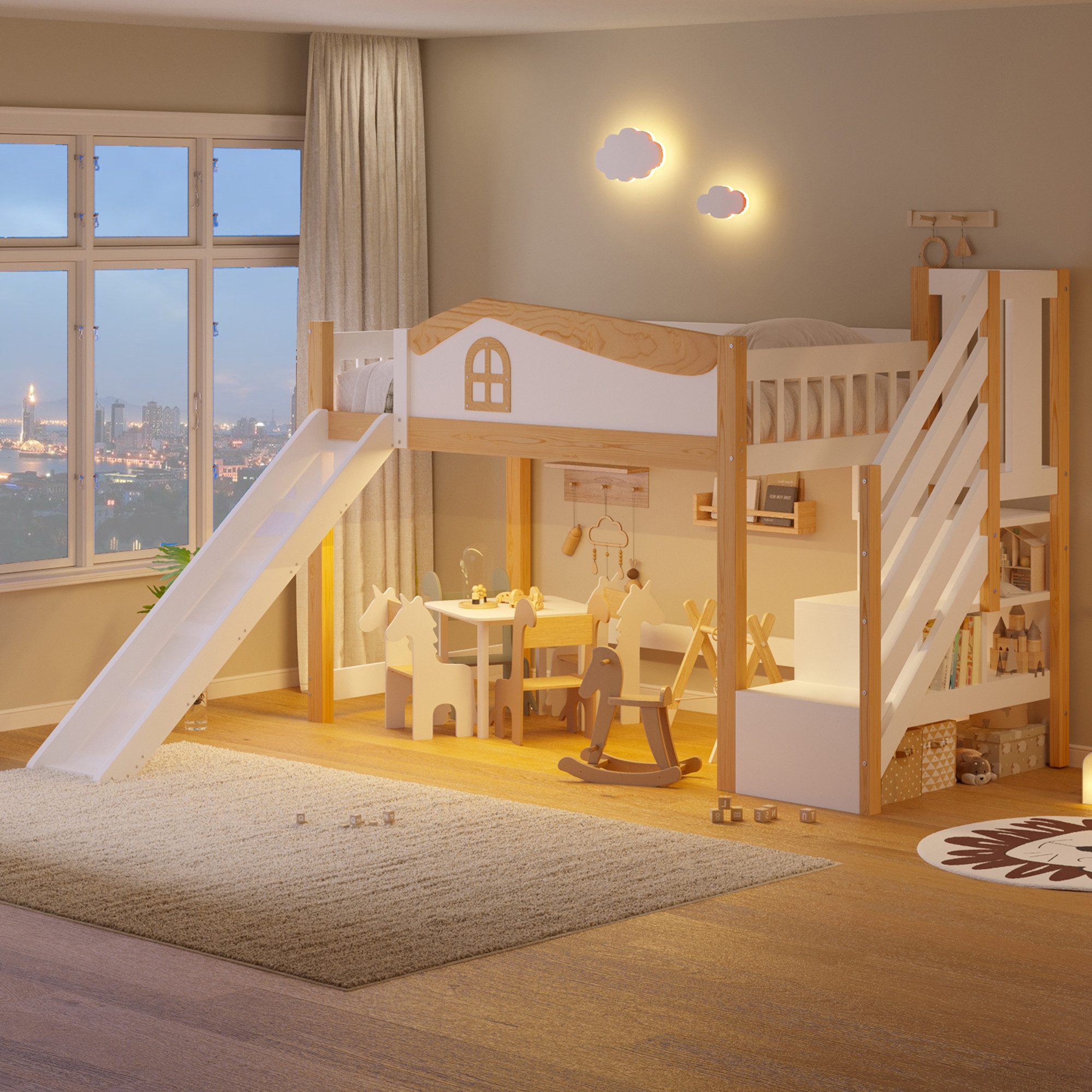 Flieks Hochbett Kinderbett 90x200cm mit Stauraumtreppe, Rutsche, LED-Lichtleiste
