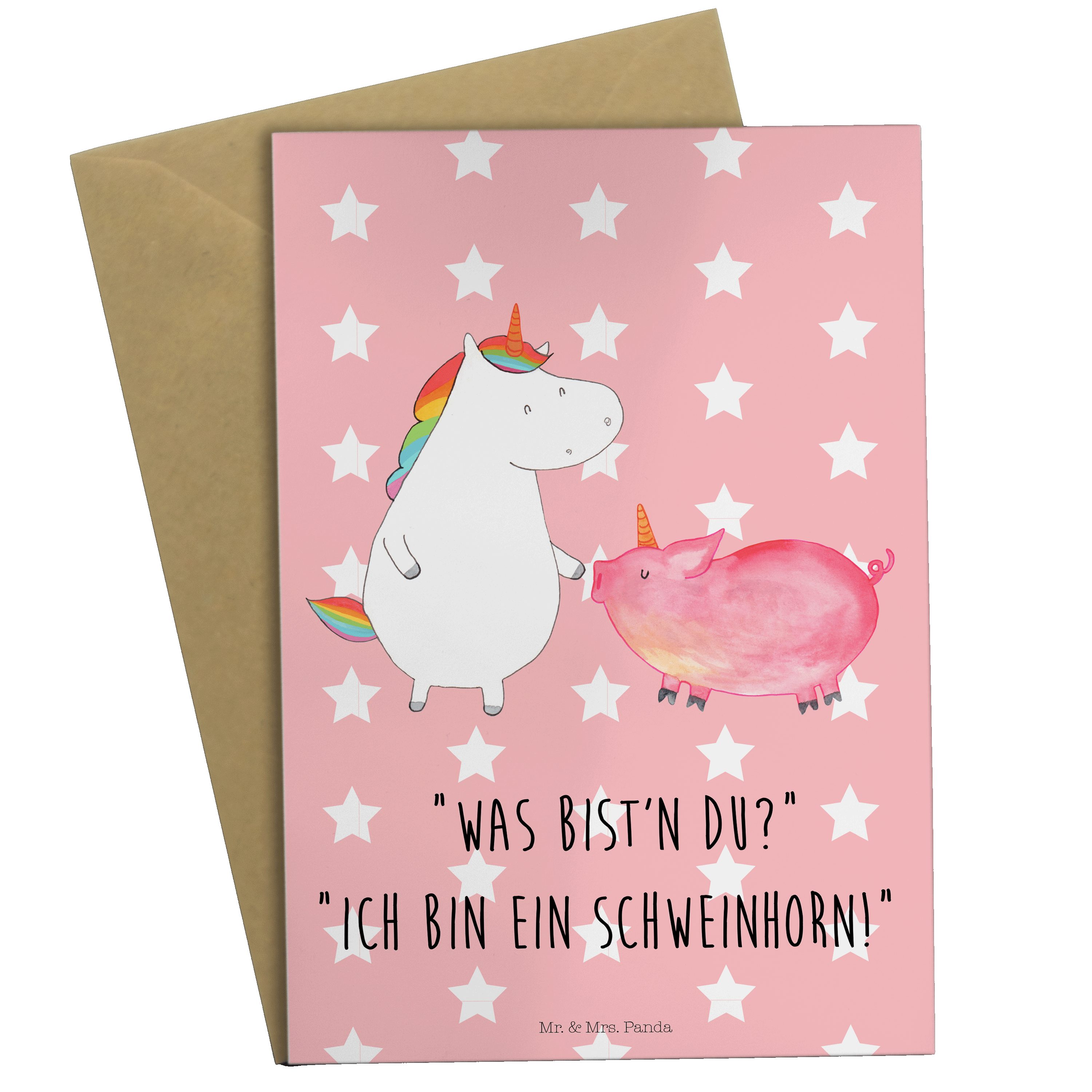 Mr. & Mrs. Panda Grußkarte Einhorn + Schweinhorn - Rot Pastell - Geschenk, Einhörner, Pegasus, E