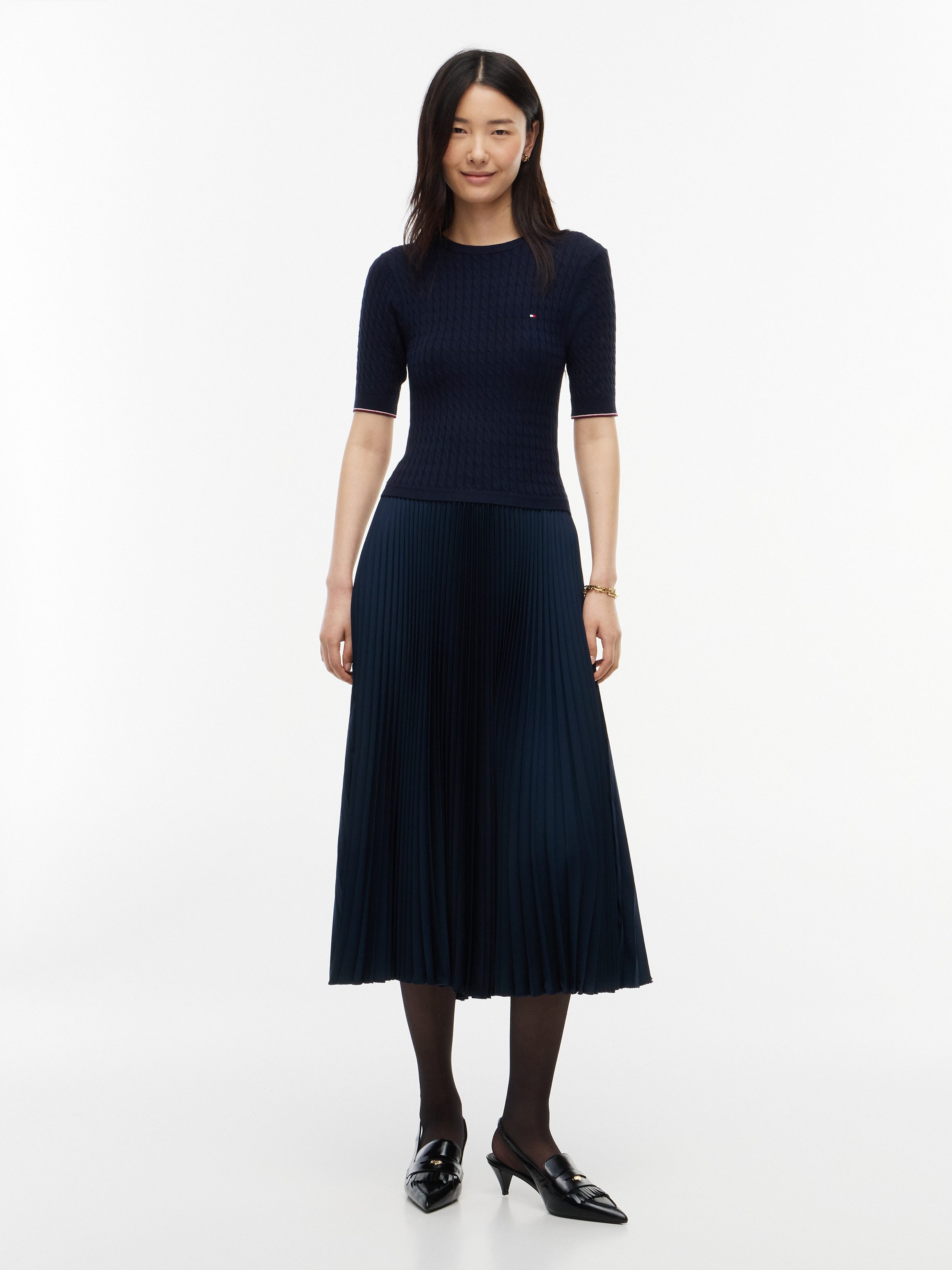 Tommy Hilfiger Midikleid PREPPY MIX MEDIA MIDI DRESS Kunstfaser, Zopfstrickmuster