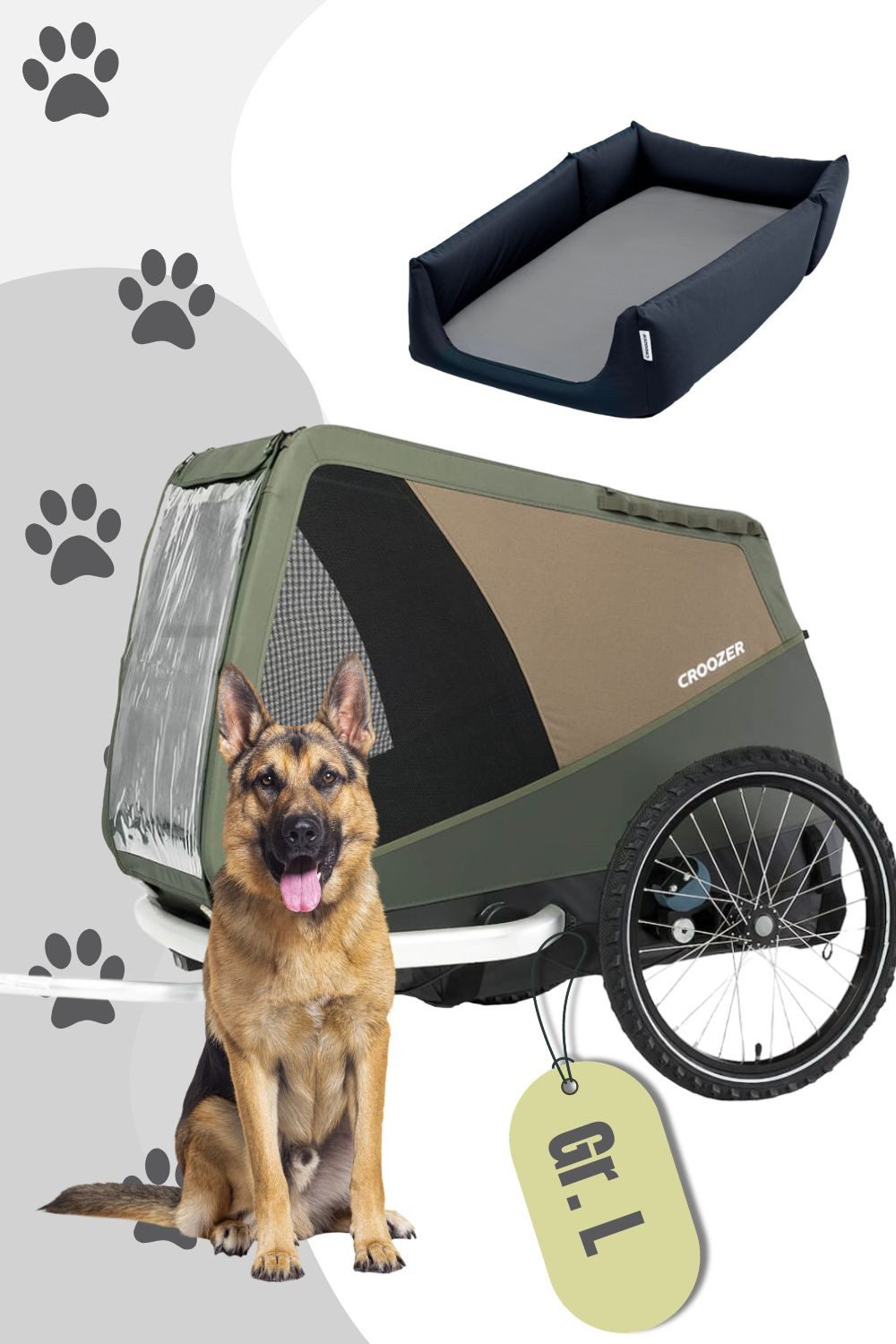 Croozer Fahrradhundeanhänger Dog Mikke Cozy Ride Bundle Moss Green, Fahrradanhänger für Hunde bis 45 kg