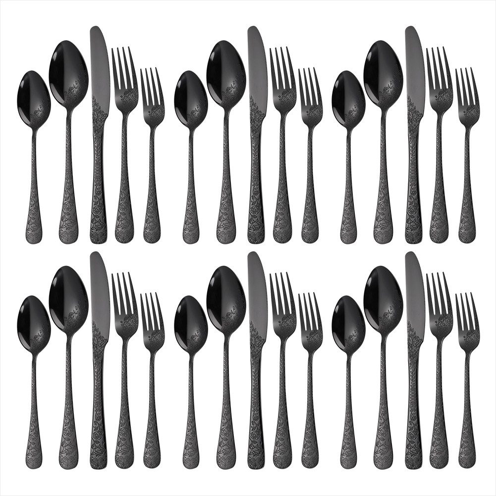 KingLux Besteck-Set 30 Teilig Edelstahl Besteck Set für 6 Personen Schwarz gehämmertes (30-tlg), 6 Personen, Edelstahl