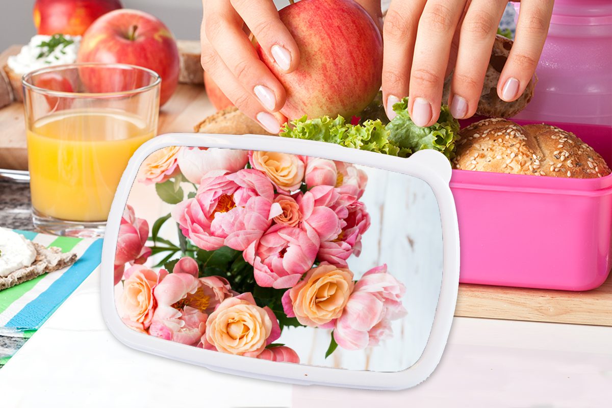 (2-tlg), Brotdose Kunststoff Lunchbox Orange, Erwachsene, MuchoWow Pfingstrose Brotbox Snackbox, Rosen - - für rosa Kunststoff, Kinder, Mädchen,