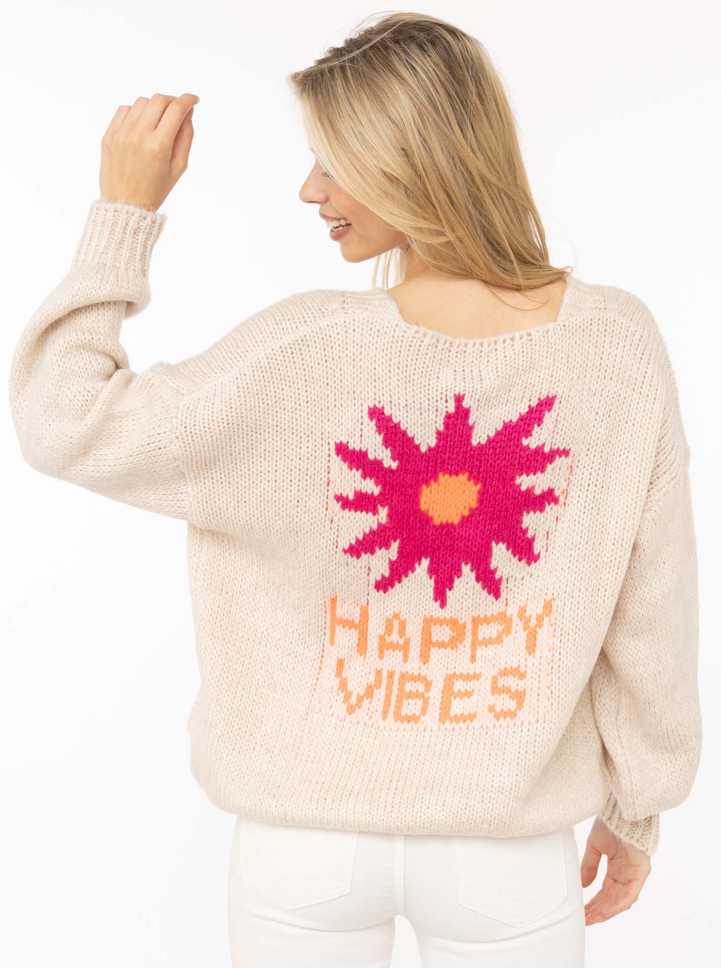 Zwillingsherz Cardigan "Happy Vibes" Knopfleiste, großes Motiv mit Blume und Schrift hinten, One Size