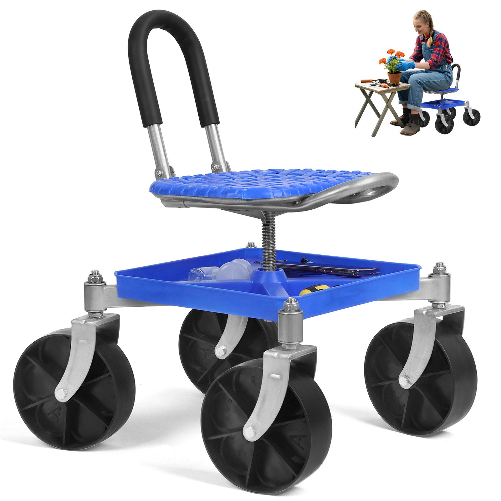 Rutaqian Rollsitz Fahrbarer Gartensitz mit Stauraum,Höhenverstellbar 51-61cm, (1 x Fahrbarer Rollsitz 1 x Schraubenschlüssel), 360° Drehbare Schwenkbarer Gartenhocker Schubkarrez, bis 150kg