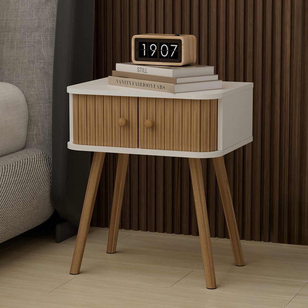 Vicco Nachtschrank Germo, Weiß/Bambus, 40 x 47 cm 2-er Set