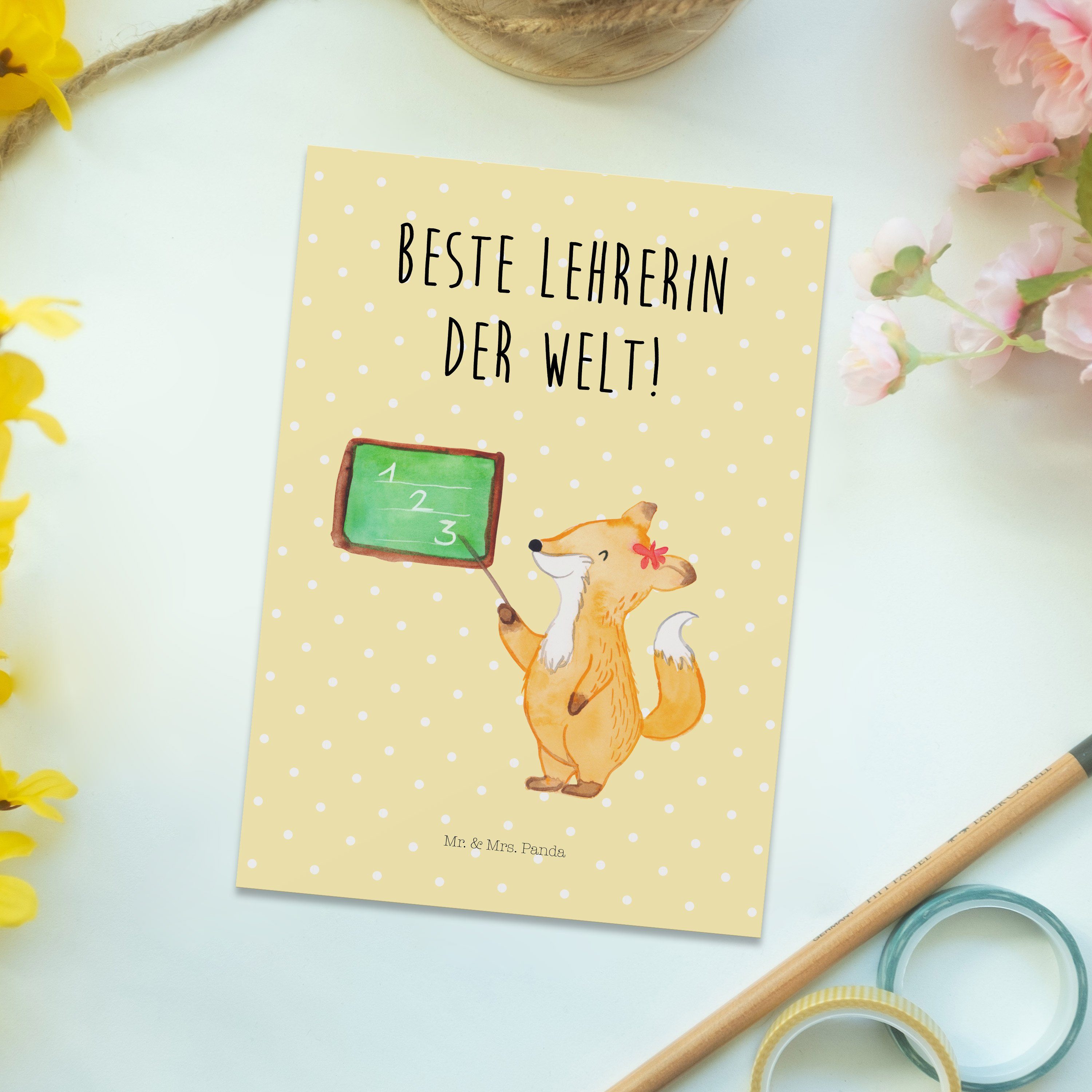 Mr. & Mrs. Panda Geschenk, - Dankeskarte, Karte, Postkarte Lehrerin - Tiere Pastell Gelb Fuchs