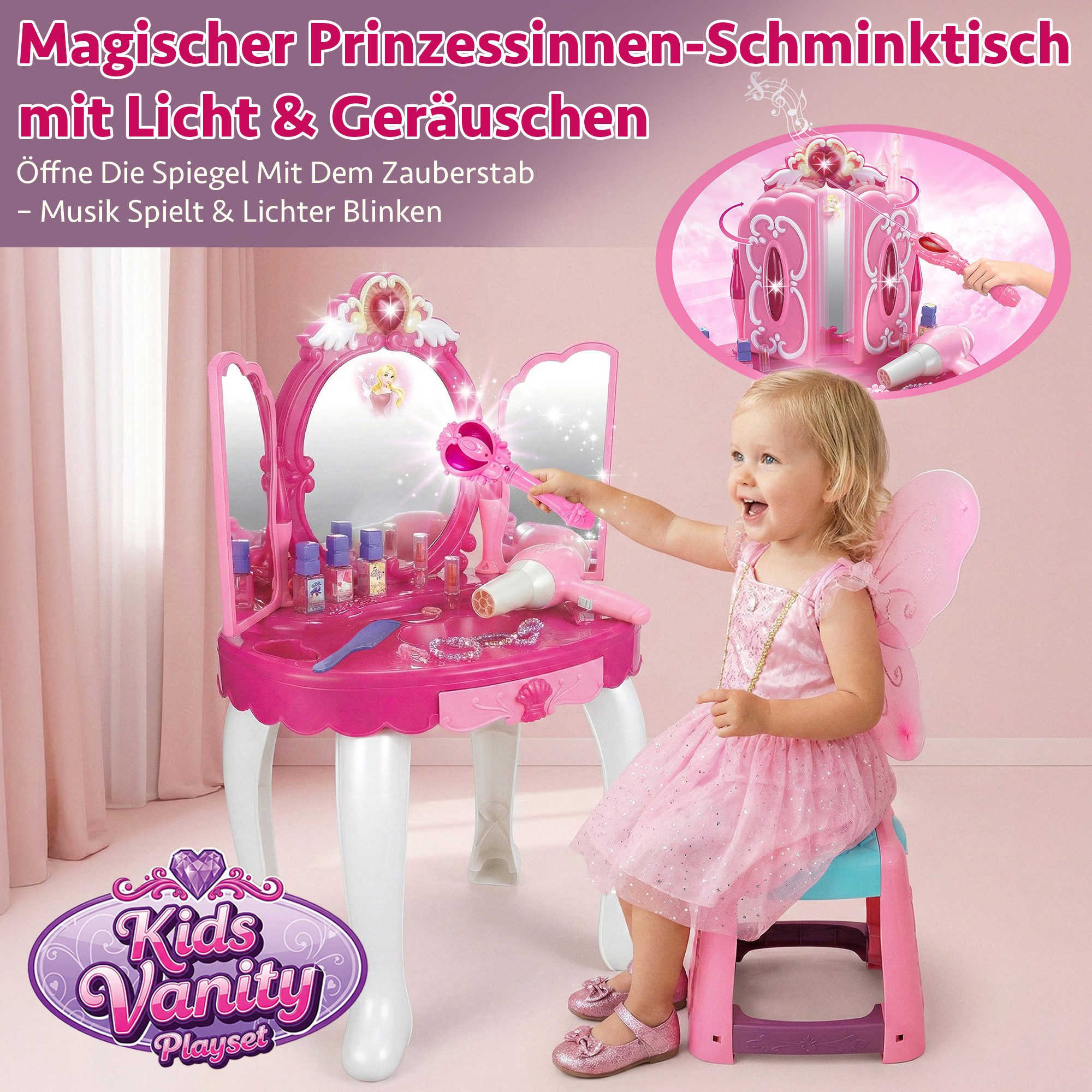 kinderplay Schminktisch Rosa Kinder Schminktisch – MP3 & Licht – Mädchen Spielset, Interaktiver Schminktisch mit Licht