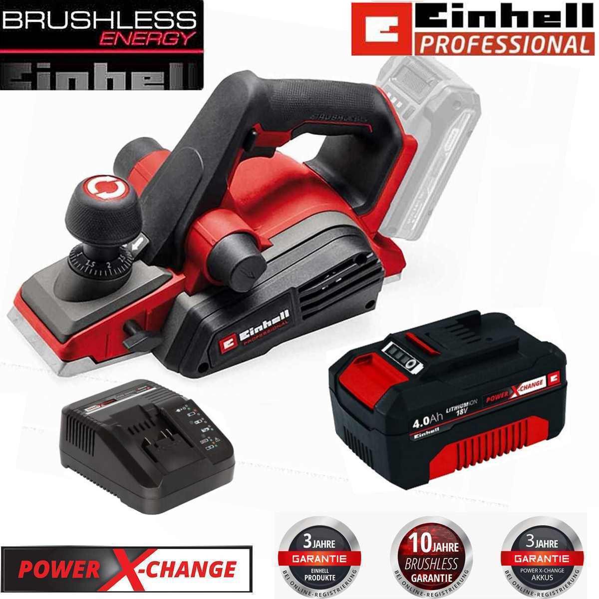 Einhell Akku-Elektrohobel Professional 18V Handhobel TP-PL 18/3 Li BL - Akku 4.0 Ah Ladegerät
