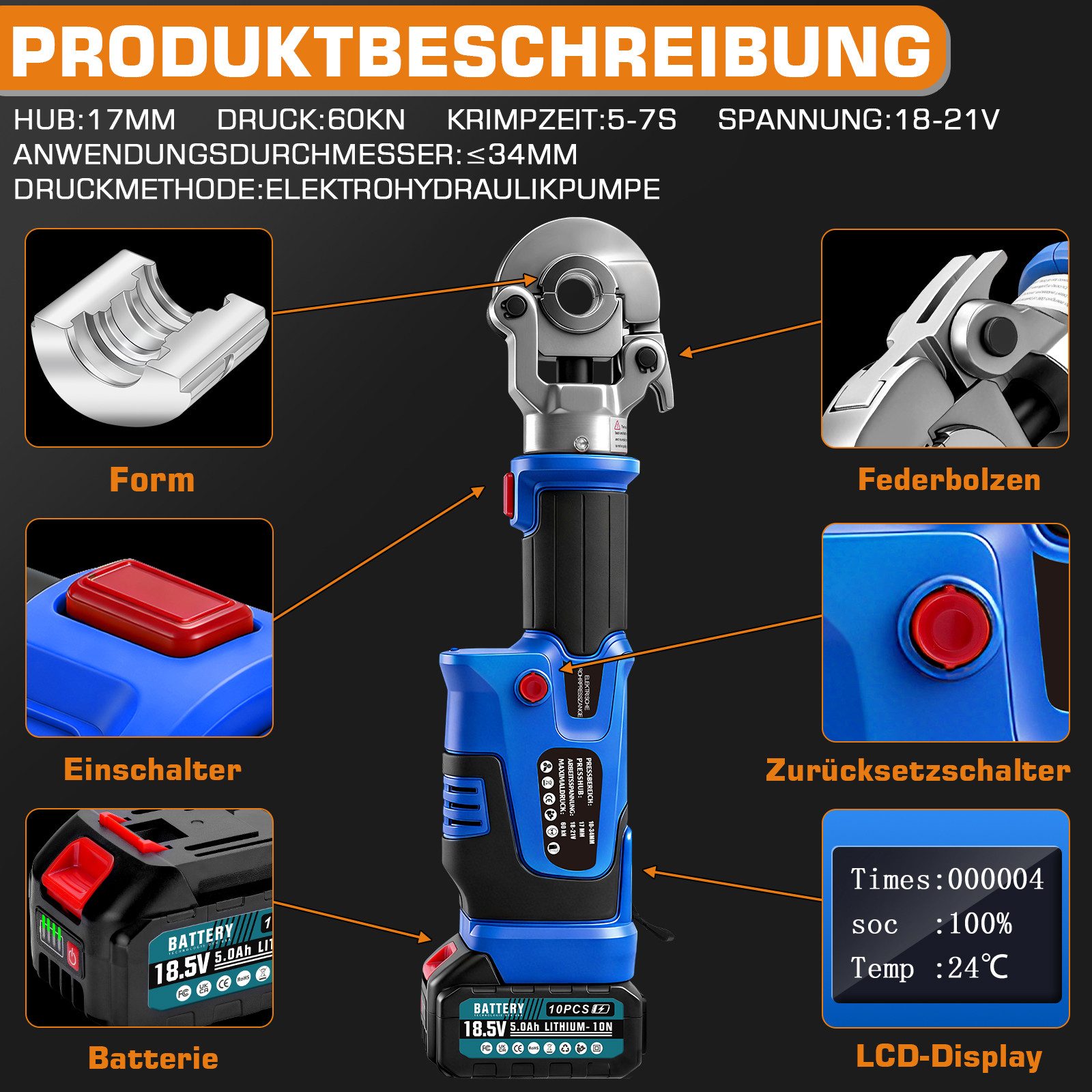 XERSEK Rohrzange Akku Presszange 60kN Hydraulik Crimpzange für Kupferrohre Verbundrohr, TH-Kontur(TH16 TH20 TH26 TH32)‌ V-Kontur (V12 V15 V18 V22 V28)‌, LCD, Bürstenloser Motor/2x5.0Ah-Akku/17mm Hub/Automatische Druckentlastung