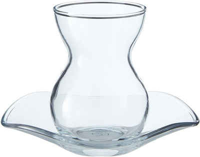 Pasabahce Gläser-Set Dantel, Glas, Teeglas Set 12 Teilig mit Untertassen, Spülmaschinengeeignet