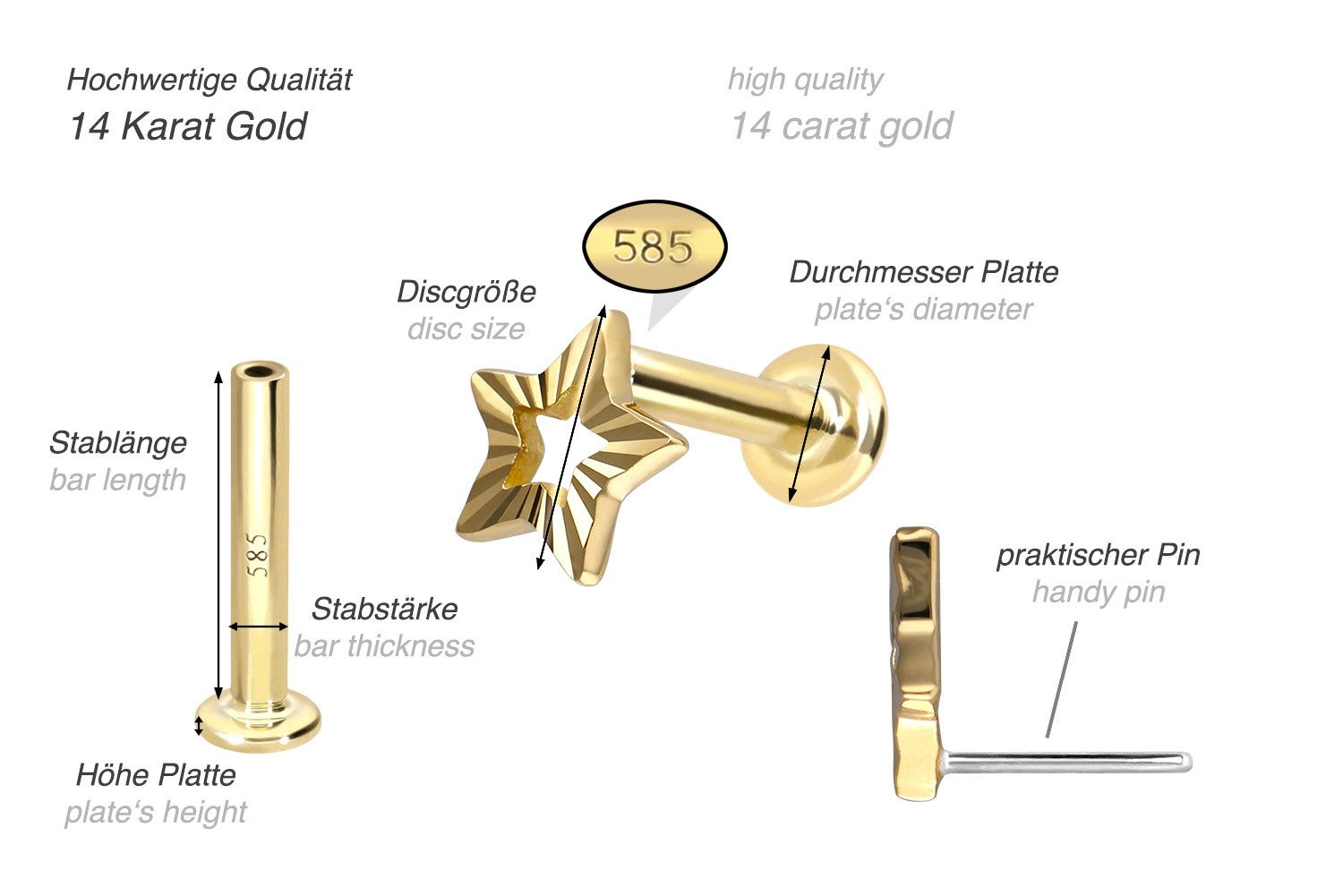 PIERCINGLINE Piercing-Set 14 Karat Gold Labret mit Push Fit STERN (Labrets, 1-tlg)