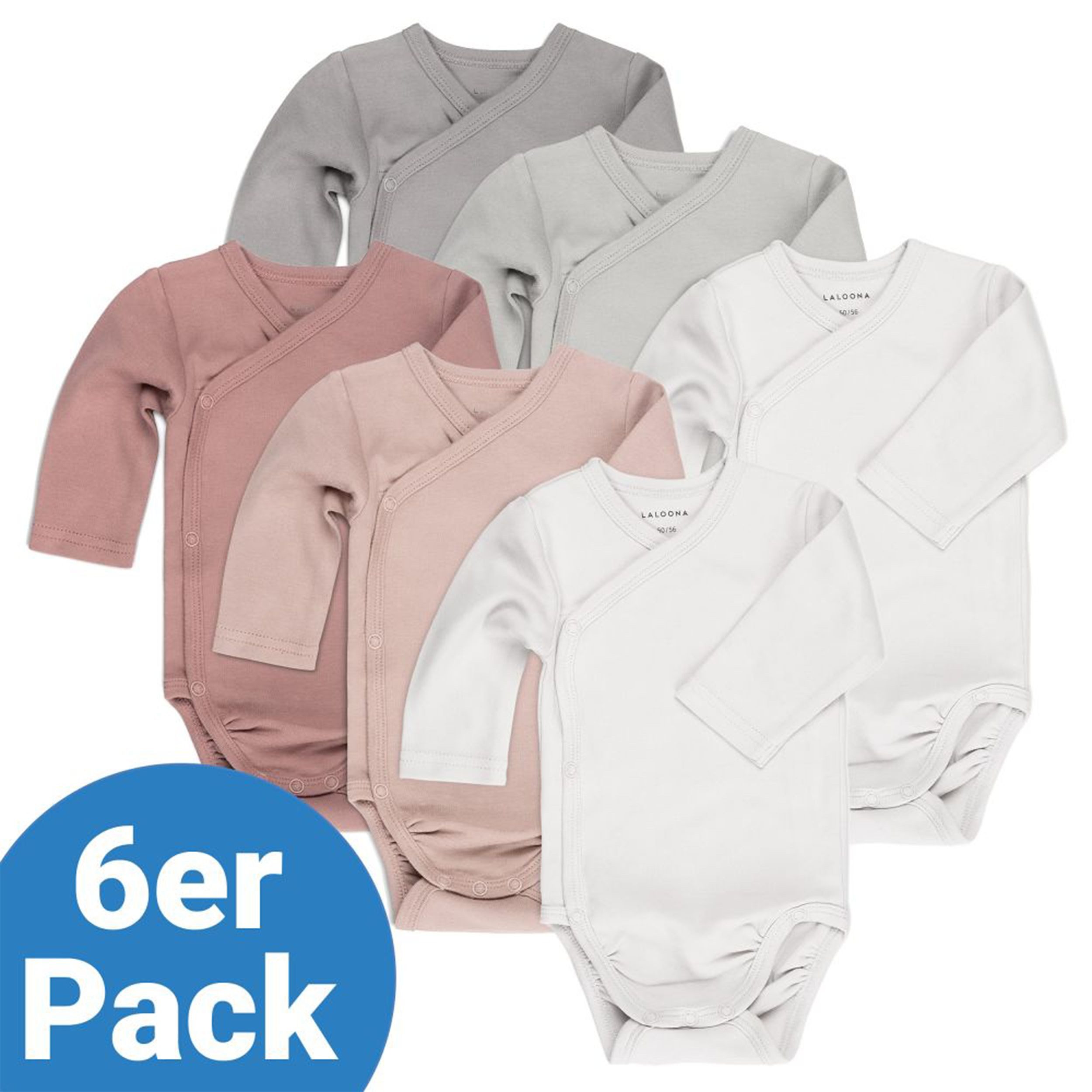 LaLoona Body (6er-Pack) Baby Langarm Wickelbody aus 100% Baumwolle, für bequemes Wickeln