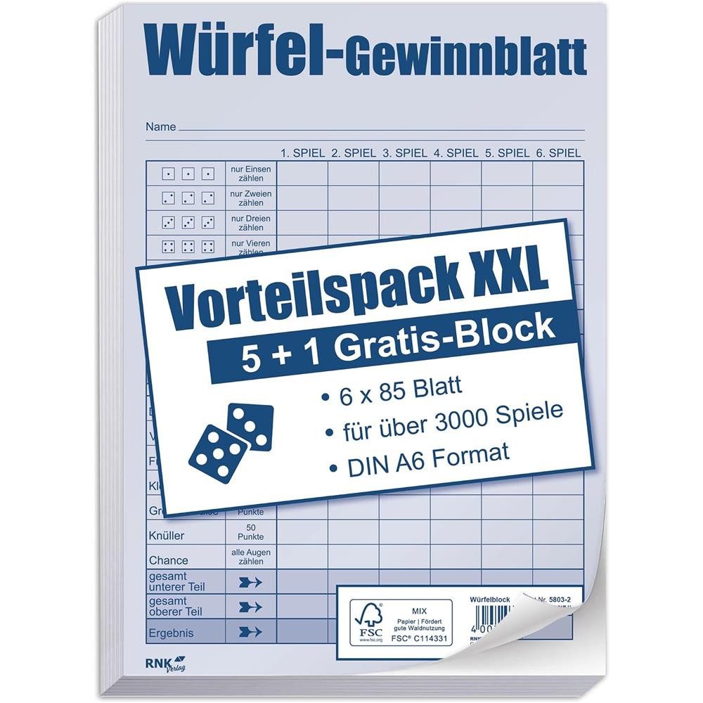 RNK Verlag Notizbuch XXL Würfelspiel-Gewinnblatt DIN A6 6 Blöcke für über 3000 Spiele, Würfelblock