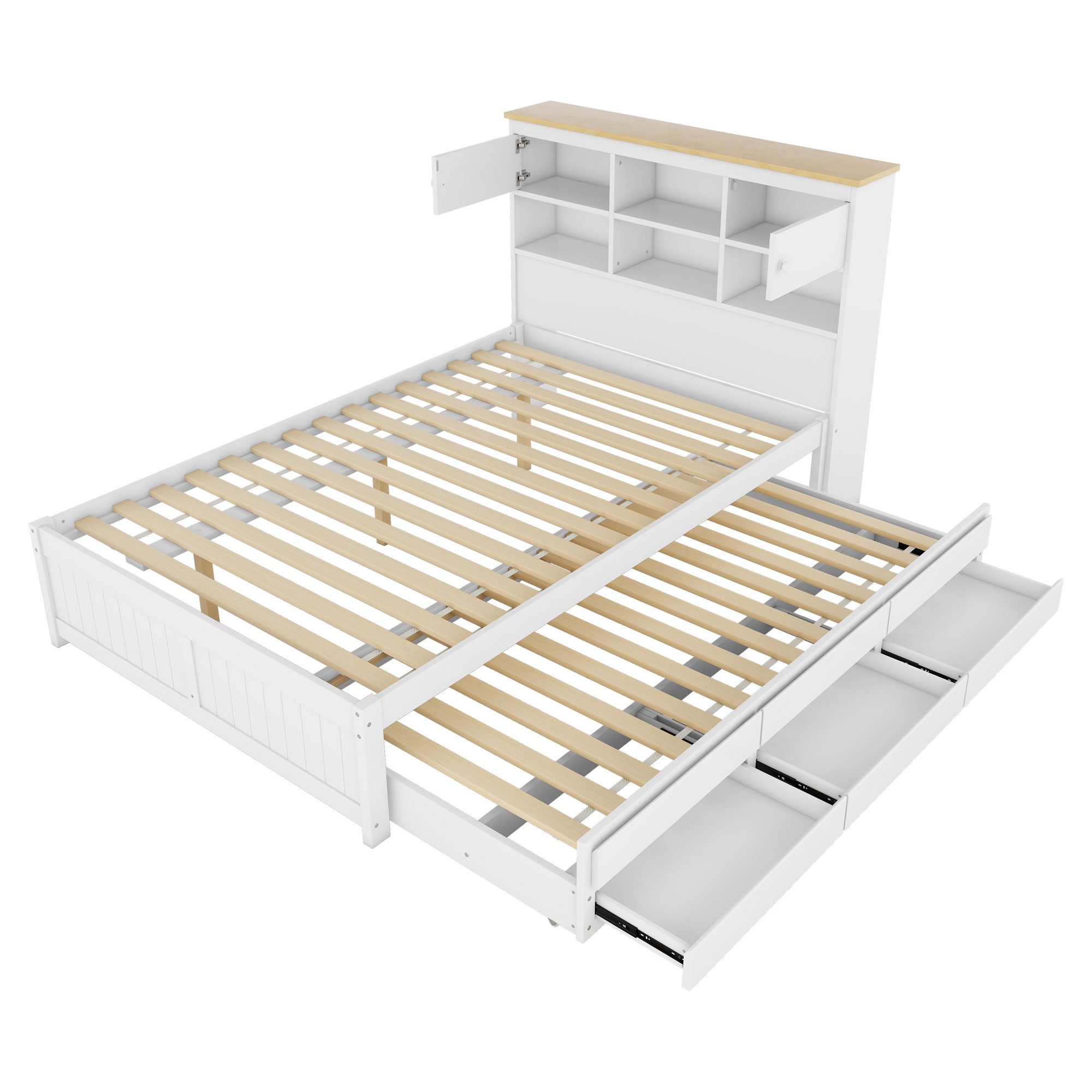 Welikera Jugendbett 140*200 cm Flachbett mit mehreren Staufächern am Kopfende des Bettes,Ausgestattet mit Ausziehbares Rollbett,3 Schubladen,Weiß