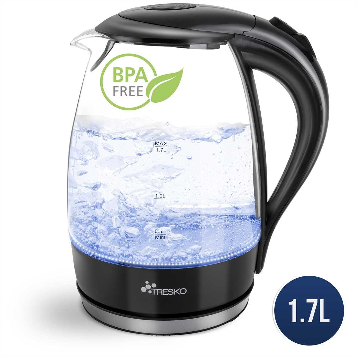Glas W, BPA Abschaltautomatik Wasserkocher Wasserkocher / 2200 Filter LED-Beleuchtung TRESKO 1,7 2200 1,7 W Edelstahl Sockel 360° l, / / l -frei, /