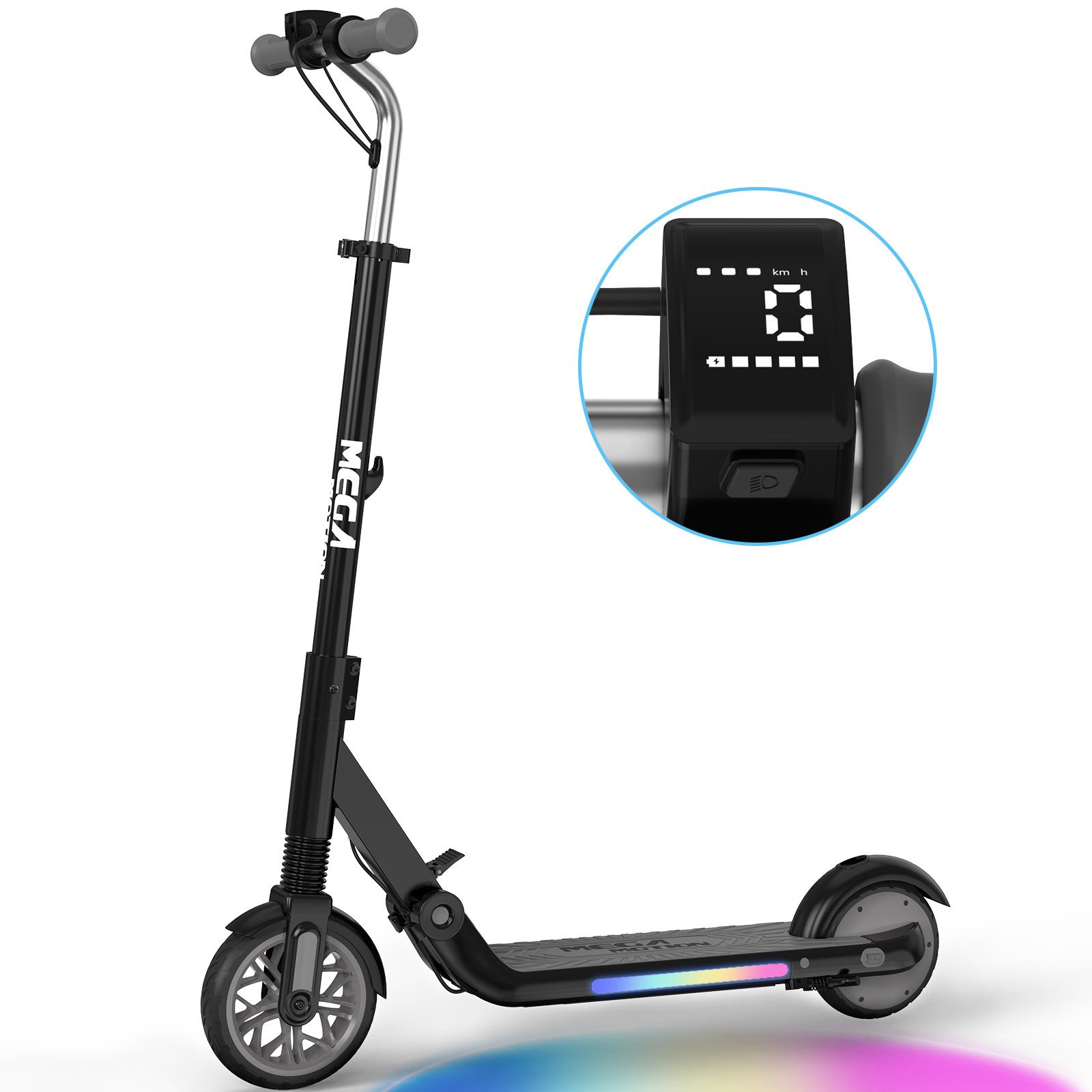 Mega Motion Elektro-Kinderroller ME1 E Scooter für Kinder, Max. 16km/h bis zu 8km, faltbar, mit Bunte Lichter, Display für 6-12 Jahren