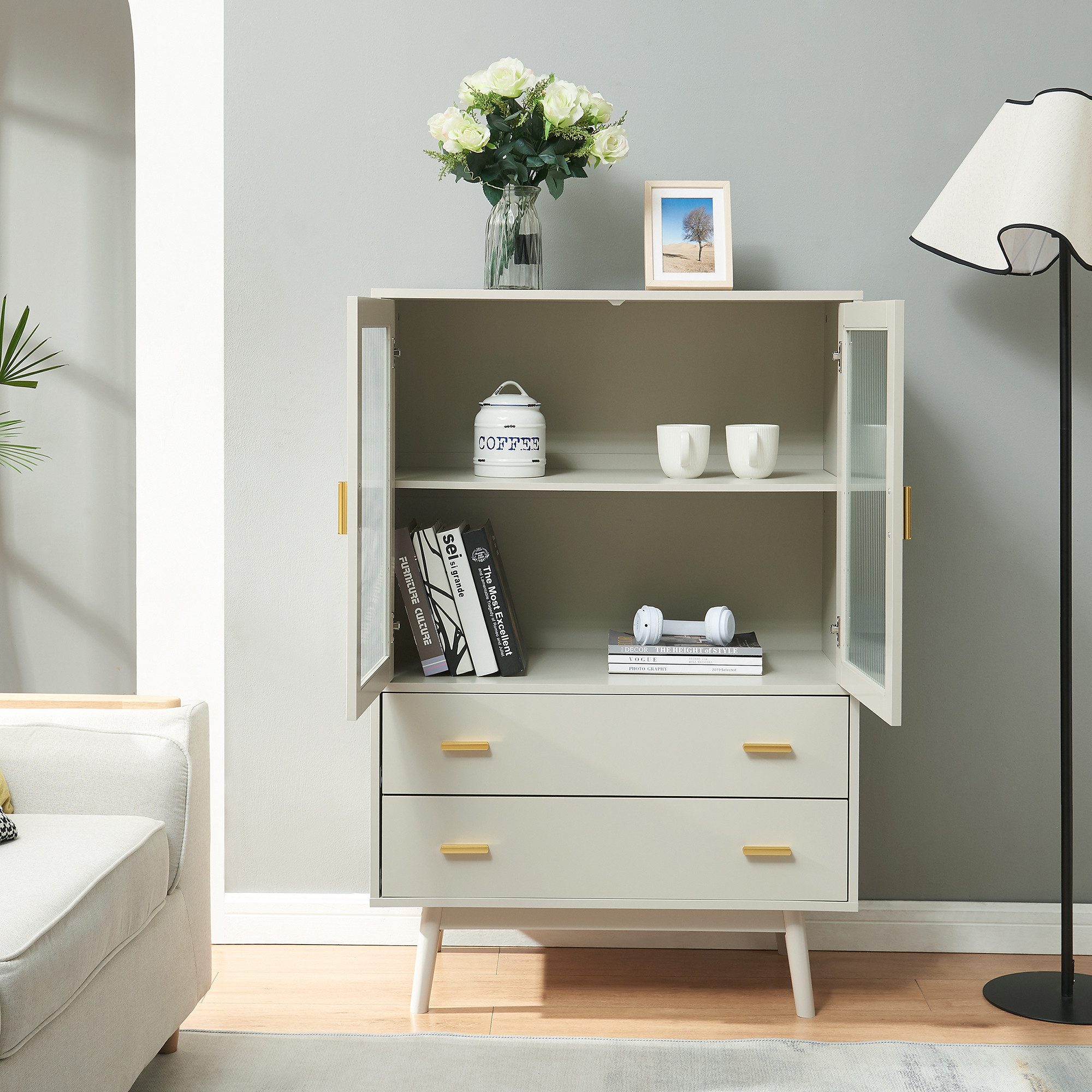 en.casa Vitrine »Susa« mit 2 Türen und 2 Schubladen 120 x 80 x 40 cm Beige