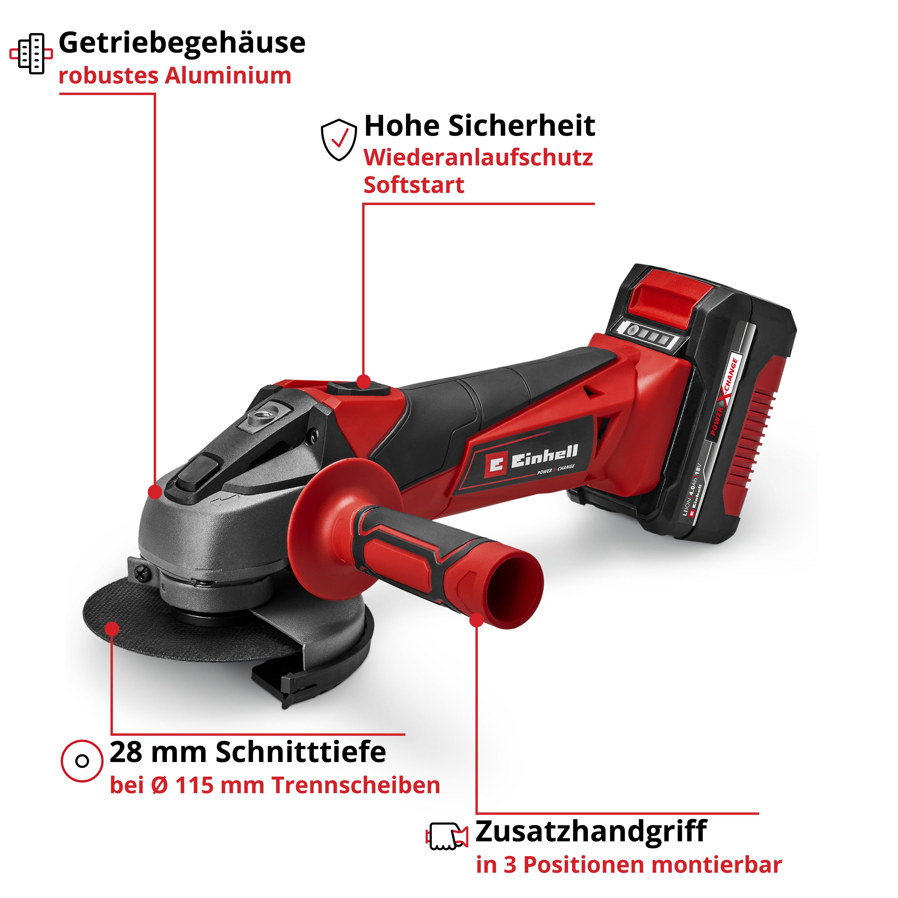 Einhell Akku-Winkelschleifer TC-AG 18/115 Li (1x4,0Ah), (Set), inkl. Akku und Ladegerät – Bild 3 von 5