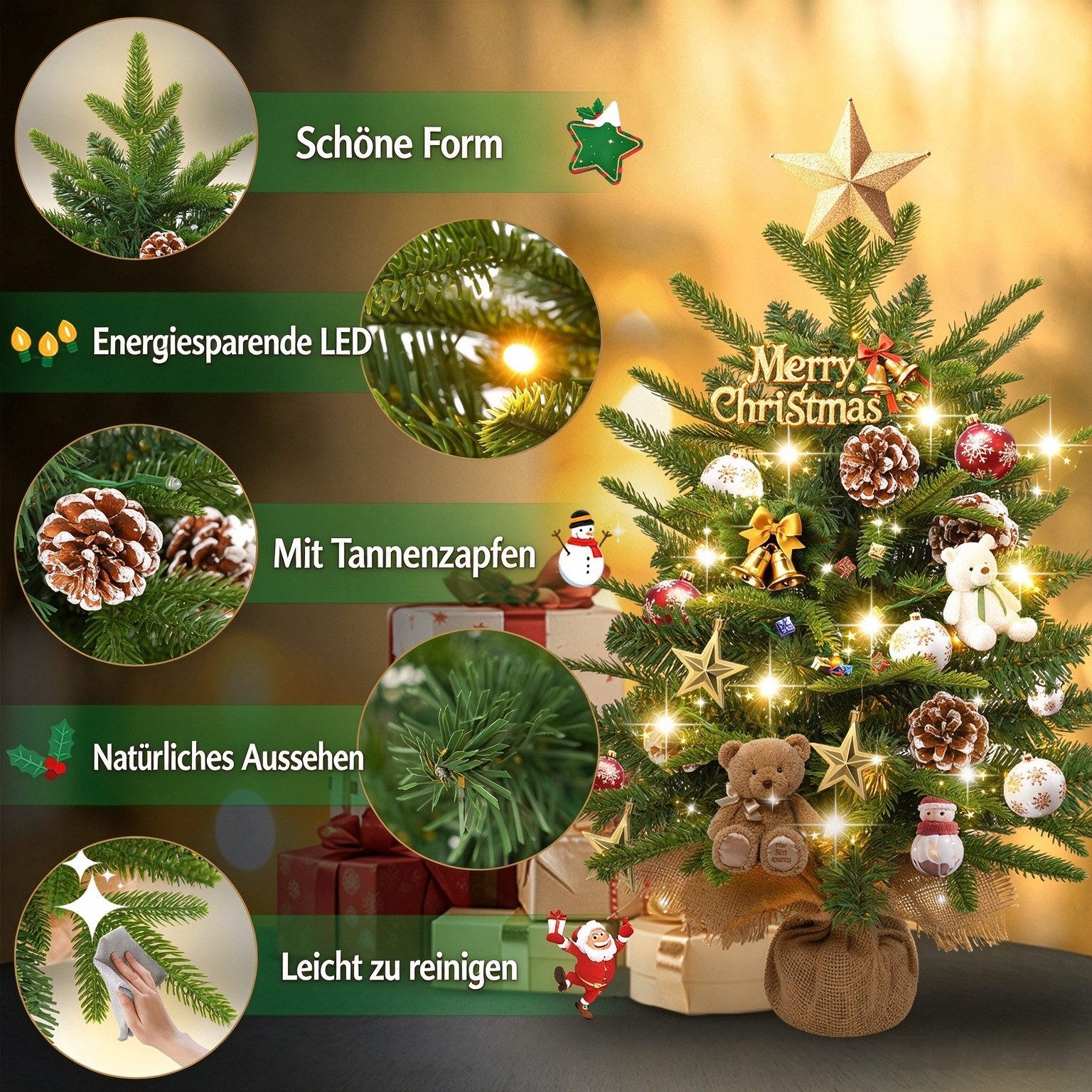 FIVMEN Künstlicher Weihnachtsbaum 60cm Höhe Tischchristbaum Weihnachtsdekobaum mit LED Lichterkette, Klein Christbaum Tannenbau mit Batteriebox und Basis – Bild 4 von 5