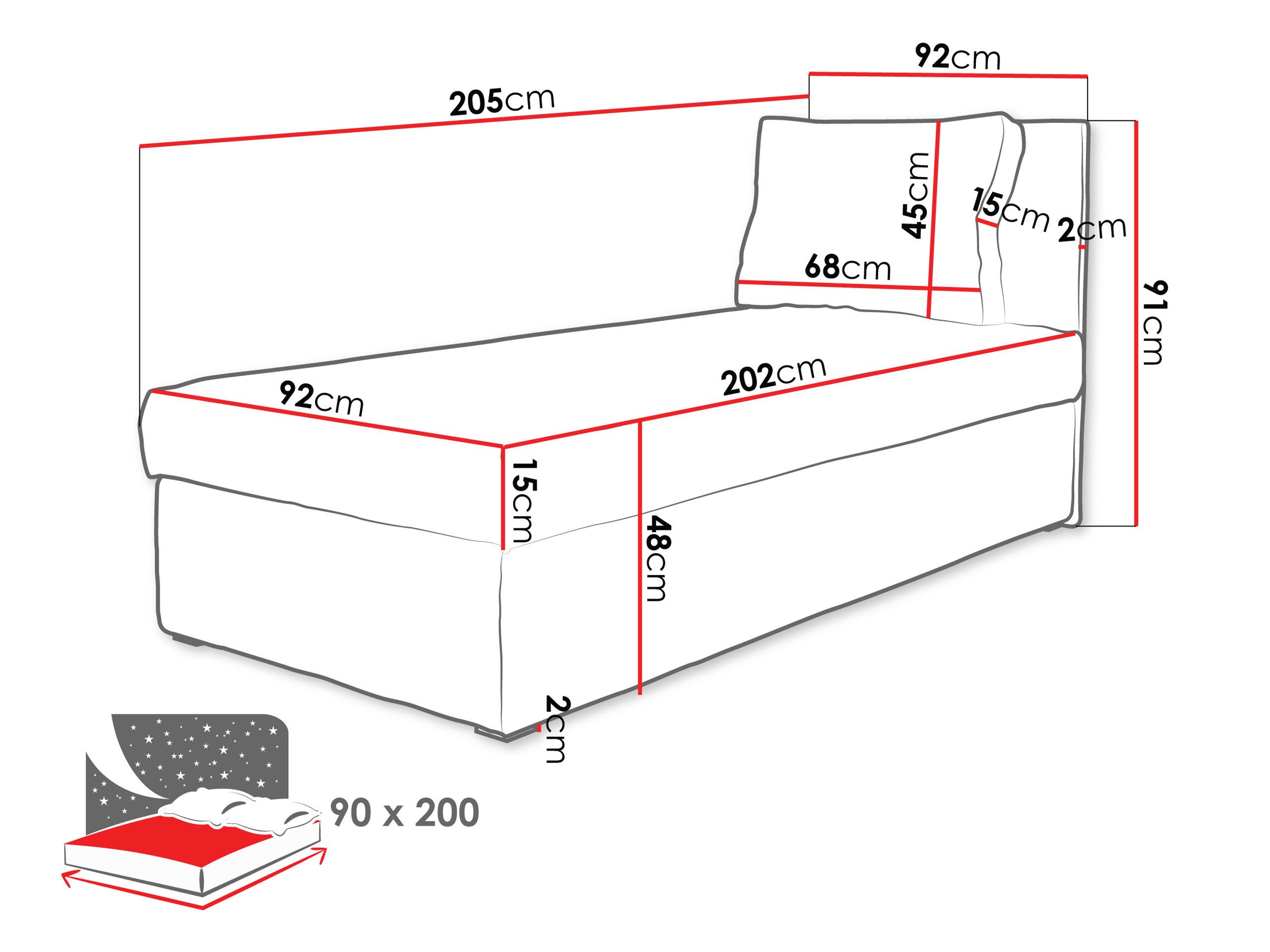 MIRJAN24 Boxspringbett Posi Cord (mit Bettkasten, Gepolstert Kopfteil), 205x92x91 cm – Bild 5 von 5