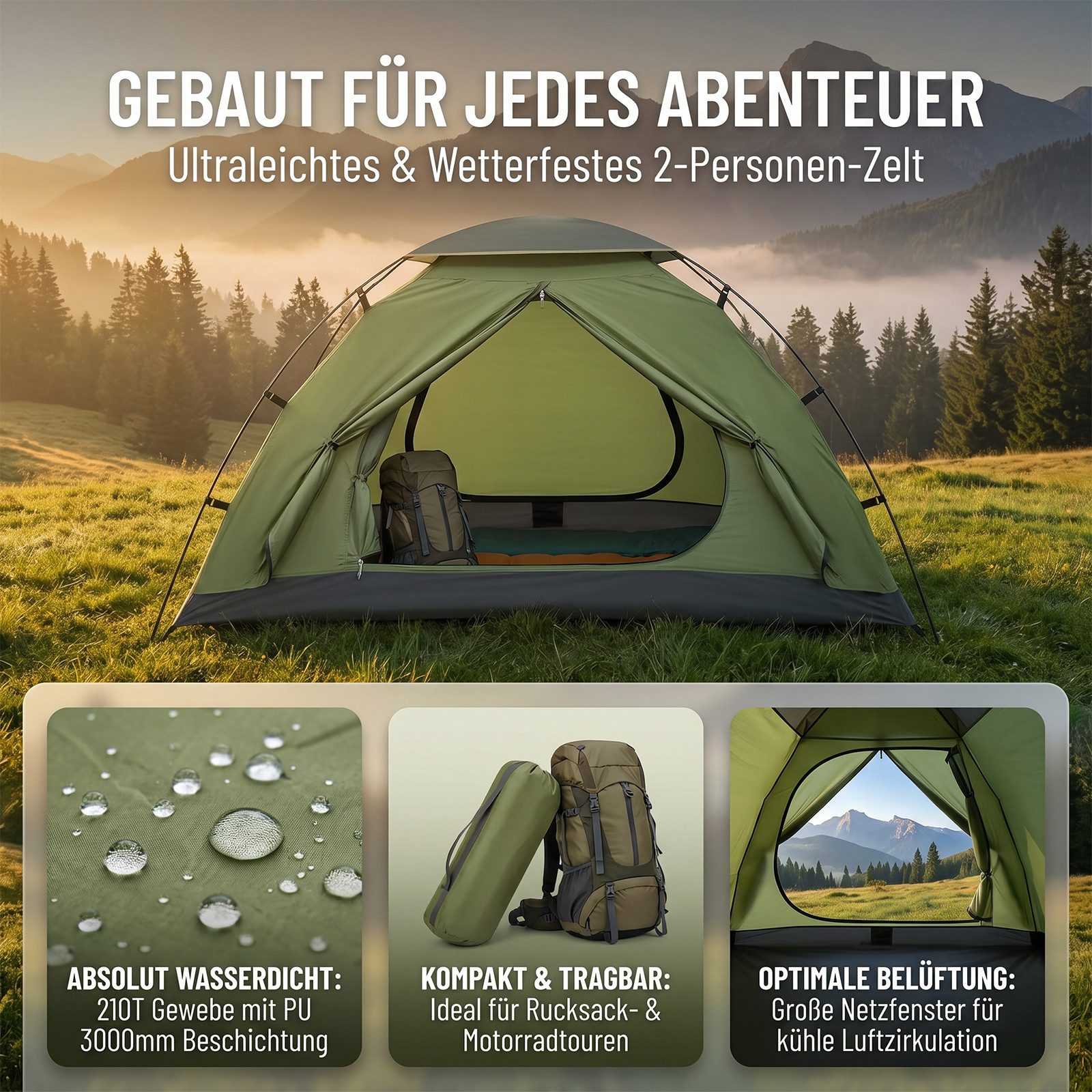 AKKEE Kuppelzelt Campingzelt Kuppelzelt, leichtes Wanderzelt wasserdicht, Personen: 2