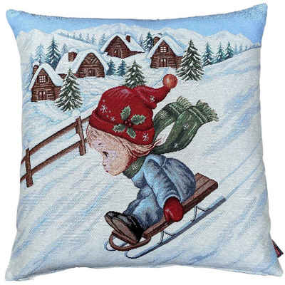 Kissenbezüge Kissen-Bezug Schlitten Winter Weihnachten Baumwolle 45x45 cm, matches21 HOME & HOBBY (1 Stück), Wohnzimmer Kissen-Hülle als Deko-Kissen Zier-Kissen Sofa-Kissen