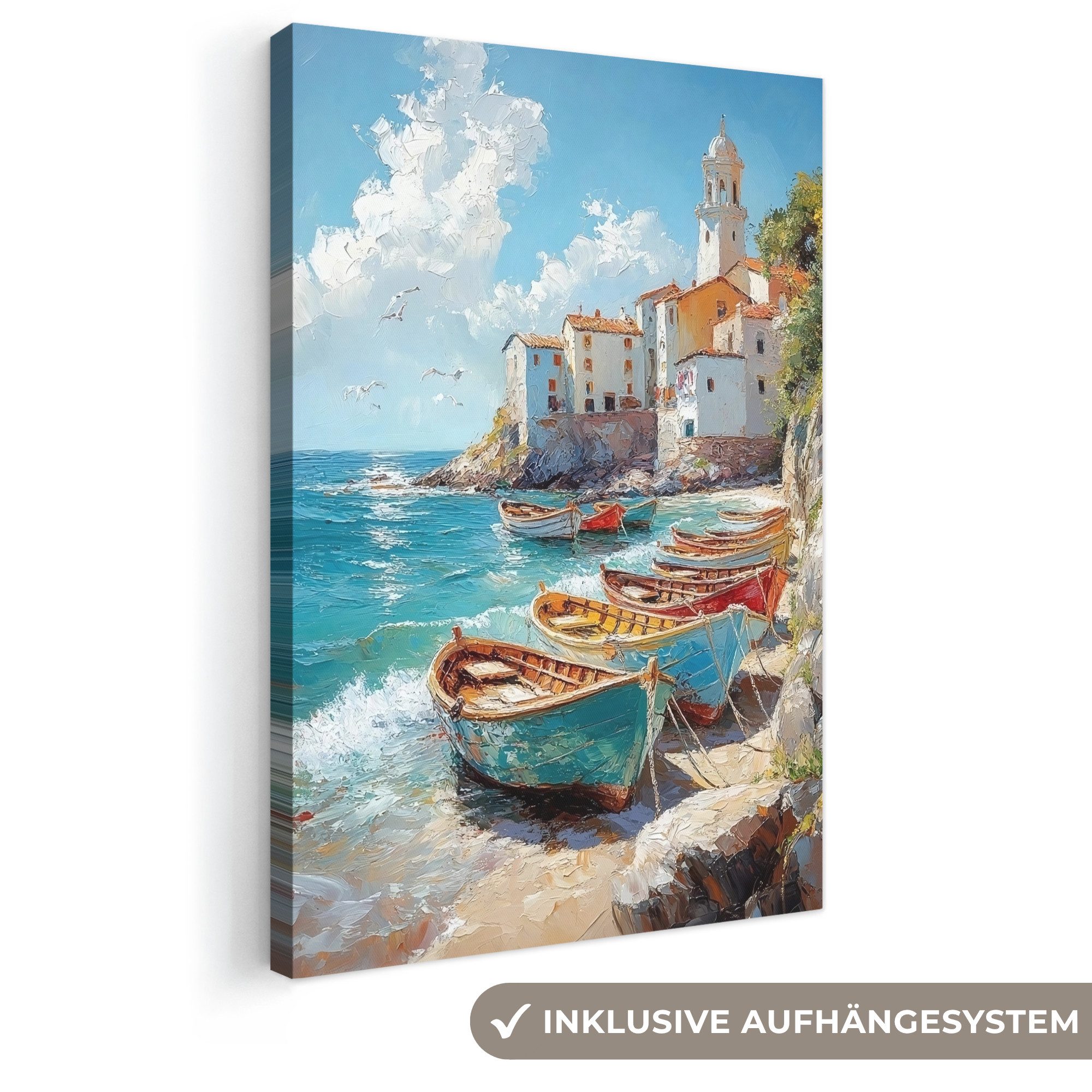 OneMillionCanvasses® Leinwandbild Boote - Felsen - Meer - Sonne, Fotodruck (1 St), Leinwand Canvas Wandbild, Wanddekoration 20x30 cm