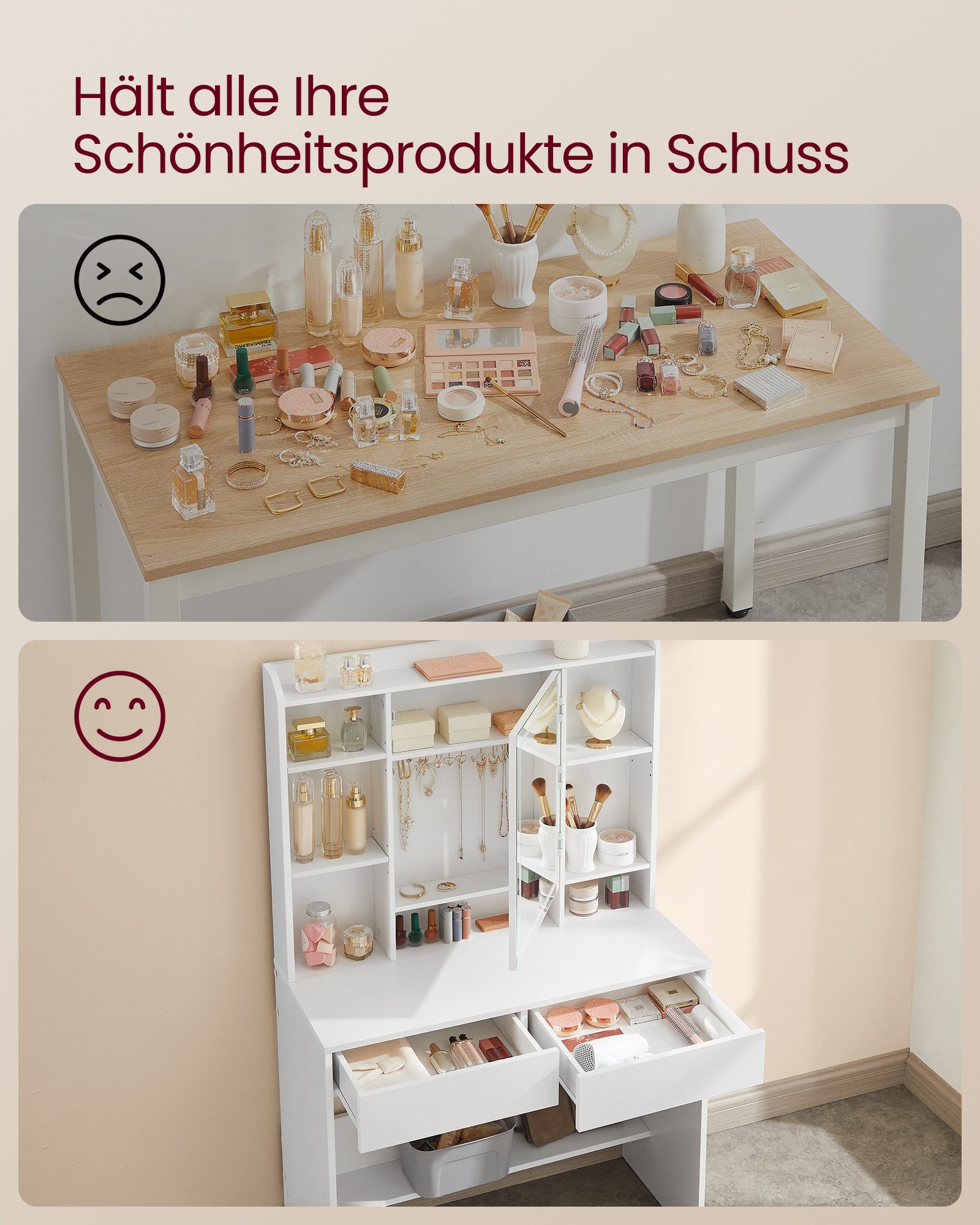VASAGLE Schminktisch Kosmetiktisch mit LED-Beleuchtung, 3 Lichtfarben, mit verstellbaren Ablagen, modern, mit Spiegel, Kosmetiktisch – Bild 4 von 5