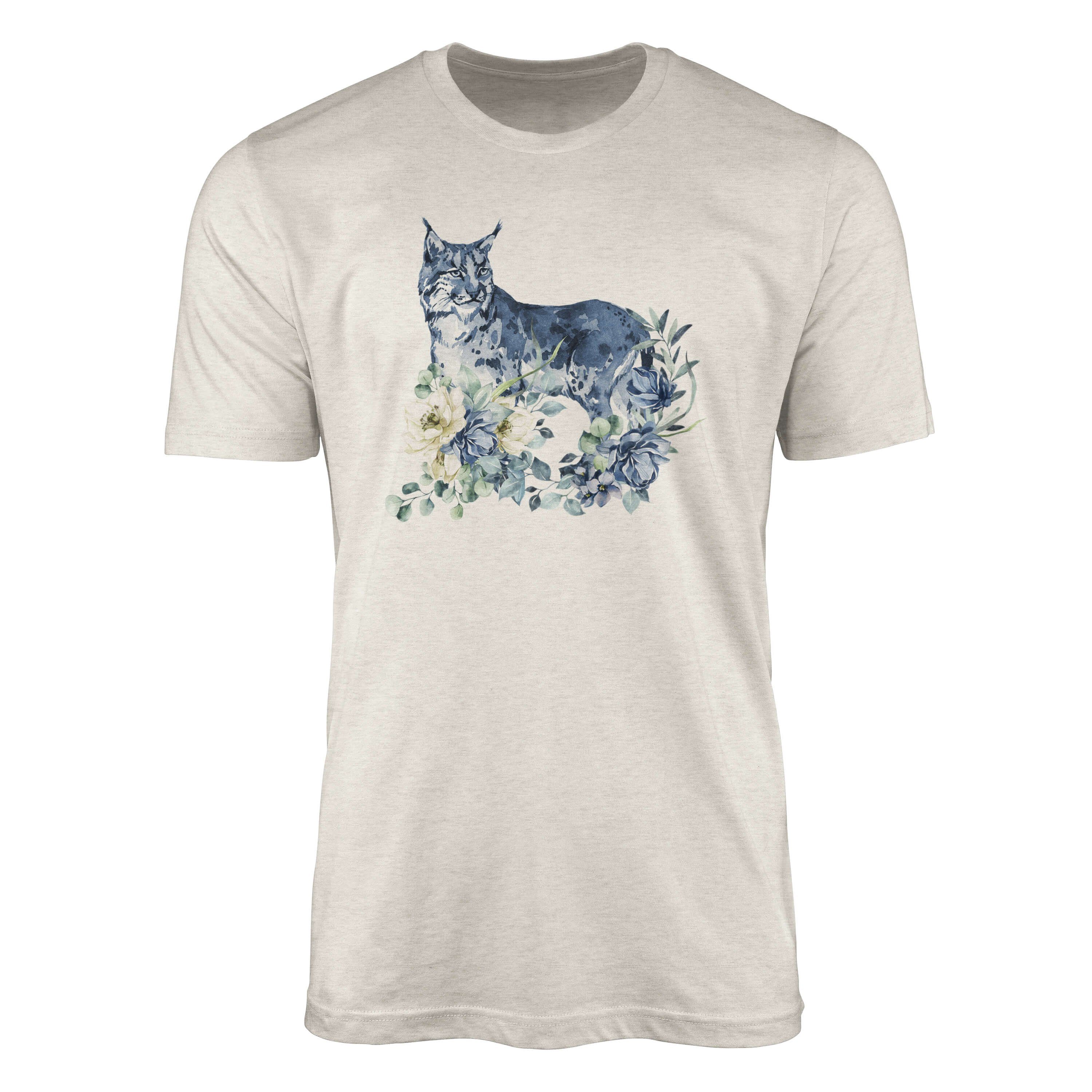 Sinus Art T-Shirt Herren Shirt 100% gekämmte Bio-Baumwolle T-Shirt Aquarell Luchs Blumen Motiv Nachhaltig Ökomode aus (1-tlg)