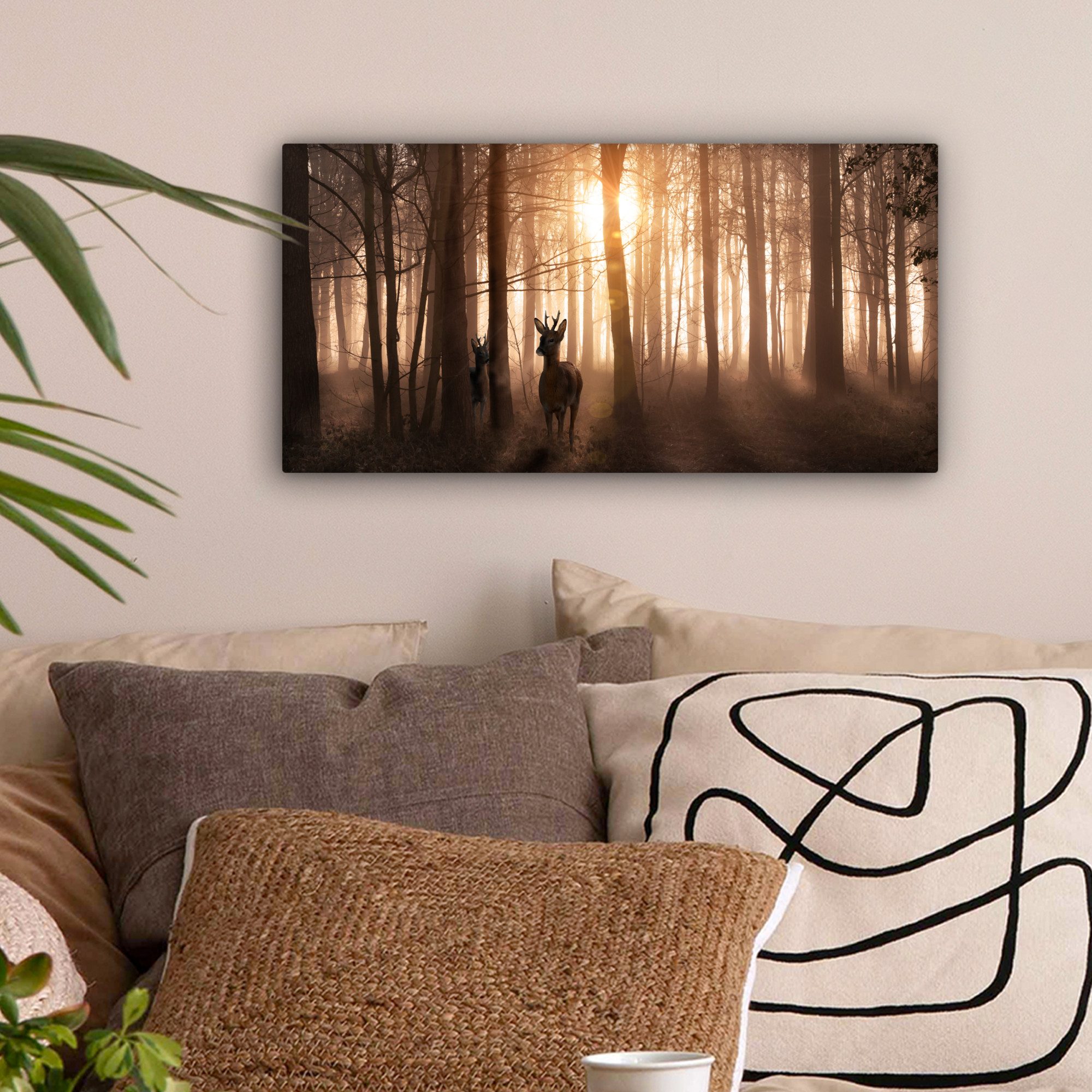 OneMillionCanvasses® Leinwandbild Panorama Wald - Hirsche - Sonne - Bäume - günstig online kaufen