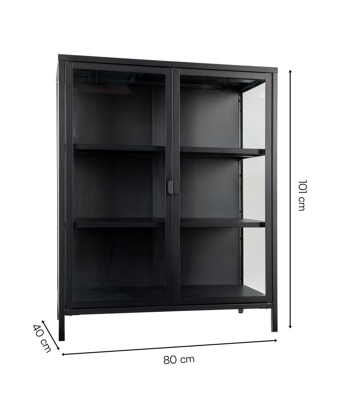 House Nordic Highboard BRISBANE, Schwarz, Glas, Stahl, 2 Türen, B 80 x H 101 x T 40 cm