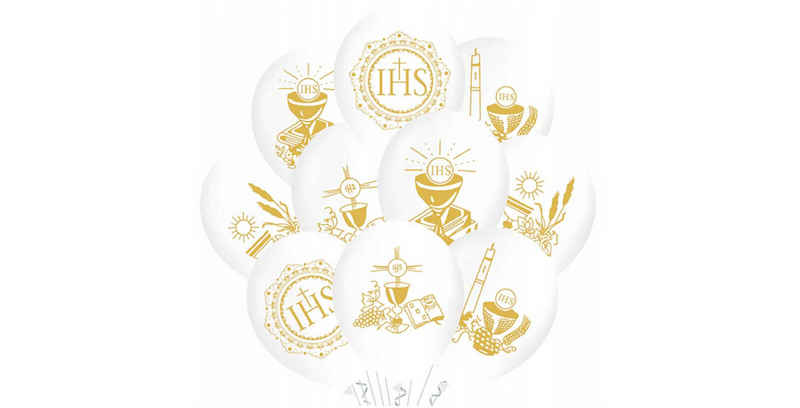 Festivalartikel Luftballon Kommunionballons, 10er Set, Weiß/Gold, 30 cm, Elegant, BALONY KOMUNIJNE IHS